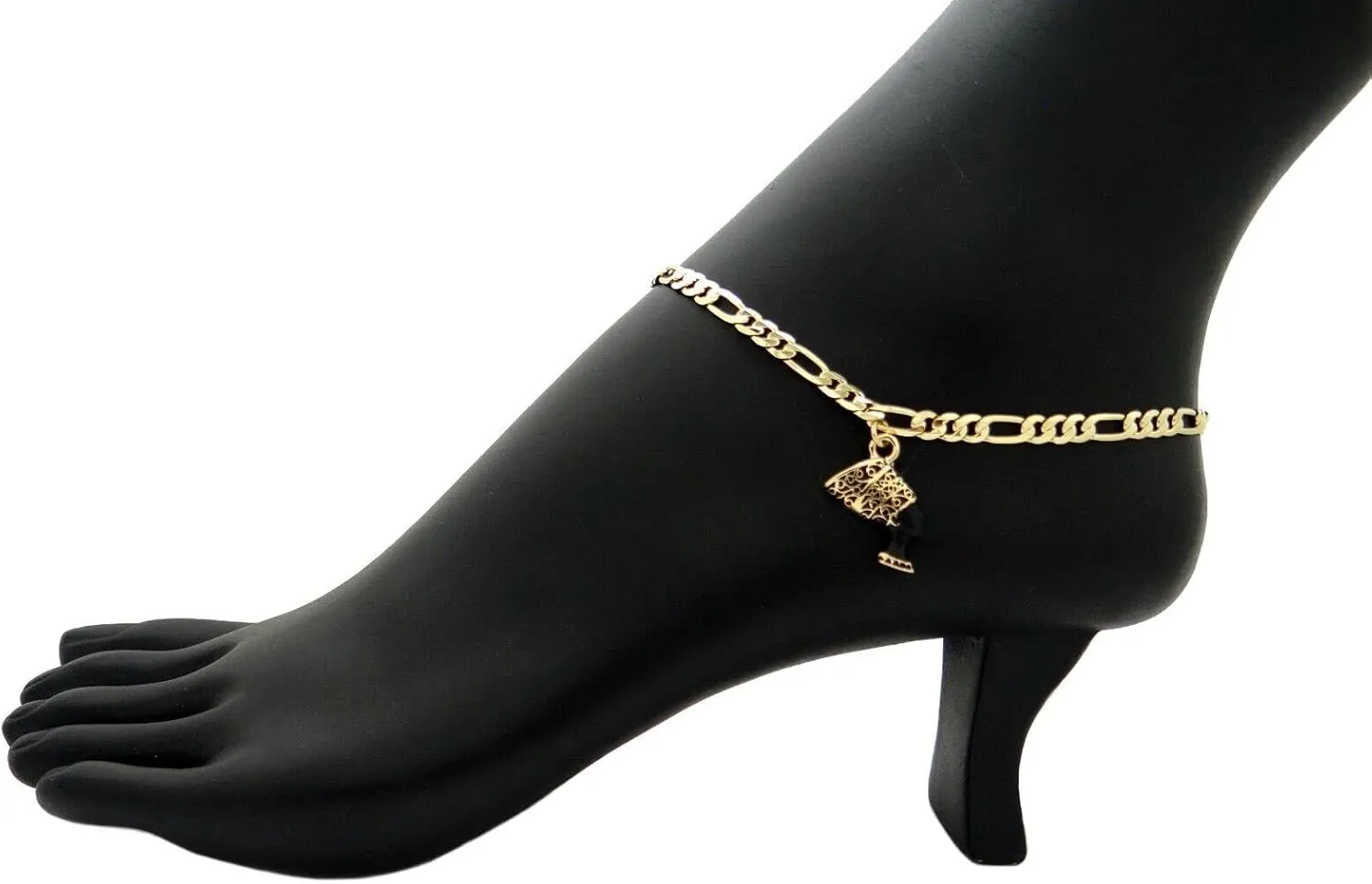 Jewelry For WOMEN'S GOLD PT EGYPTIAN NEFERTITI ANKLET BRACELET CHARM 4mm 10" FIGARO CHAIN Style-2345908-6512