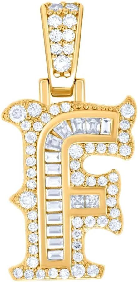 JewelryWeb 925 Sterling Silver Yellow tone Unisex 0.51ct, 0.35ct Baguette Round Moissanite Letter Name Personalized Monogram Initial F Pendant Necklace 30.9x13.3mm Wide-Pendant for Women