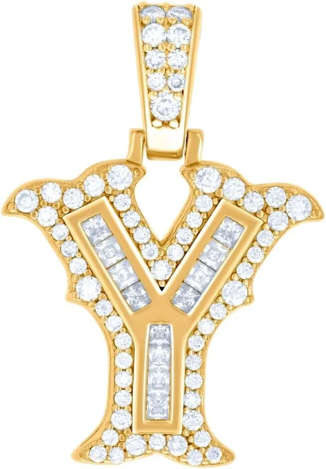 JewelryWeb 925 Sterling Silver Yellow tone Unisex 0.53ct, 0.23ct Baguette Round Moissanite Letter Name Personalized Monogram Initial Y Pendant Necklace 30.4x18.2mm Wide-Pendant for Women