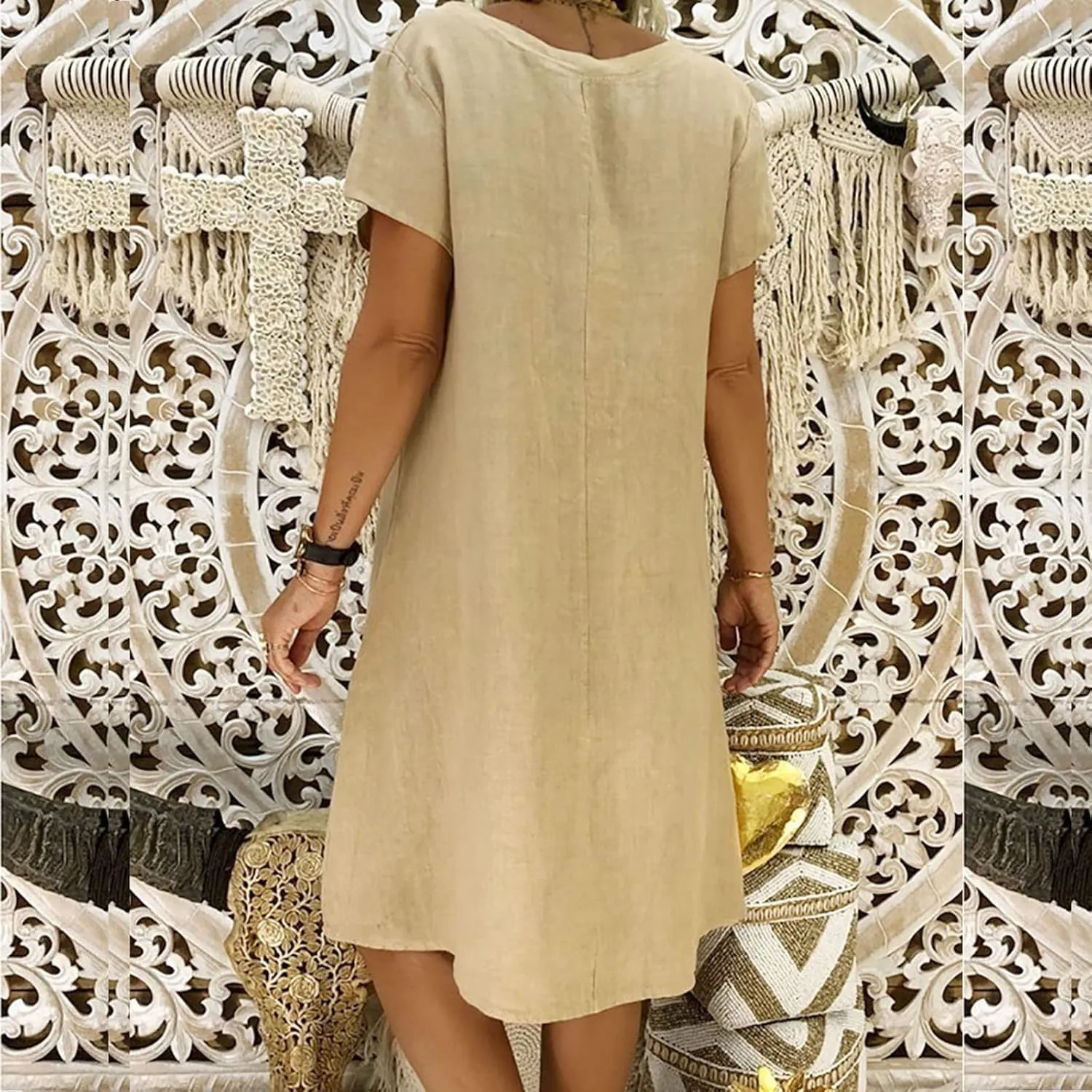 jsaierl Summer Dresses for Women Plus Size Cotton Linen Midi Dress Casual V Neck Short Sleeve Sundress Beach Dress