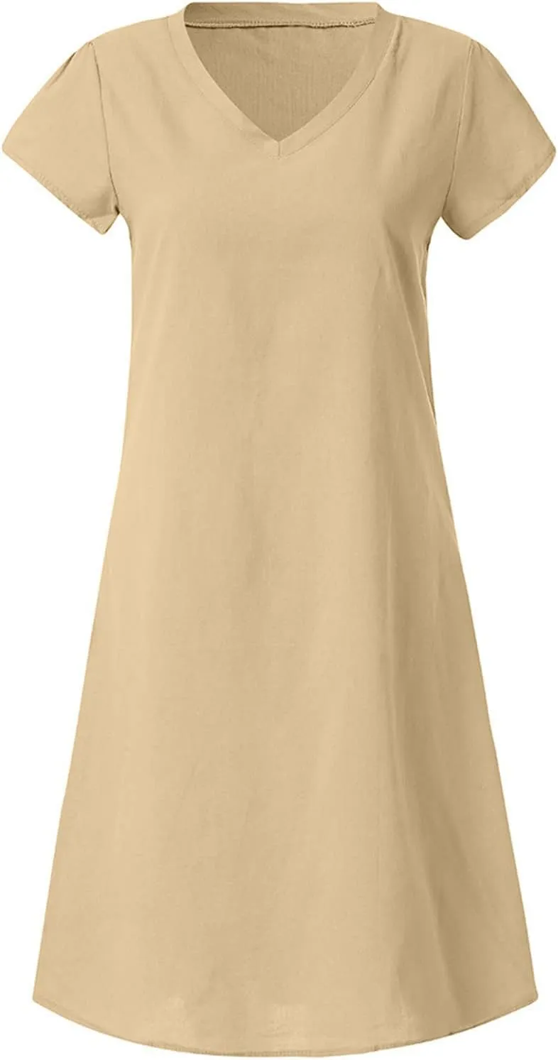 jsaierl Summer Dresses for Women Plus Size Cotton Linen Midi Dress Casual V Neck Short Sleeve Sundress Beach Dress