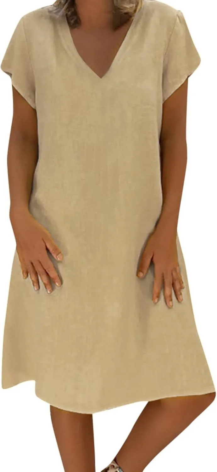 jsaierl Summer Dresses for Women Plus Size Cotton Linen Midi Dress Casual V Neck Short Sleeve Sundress Beach Dress