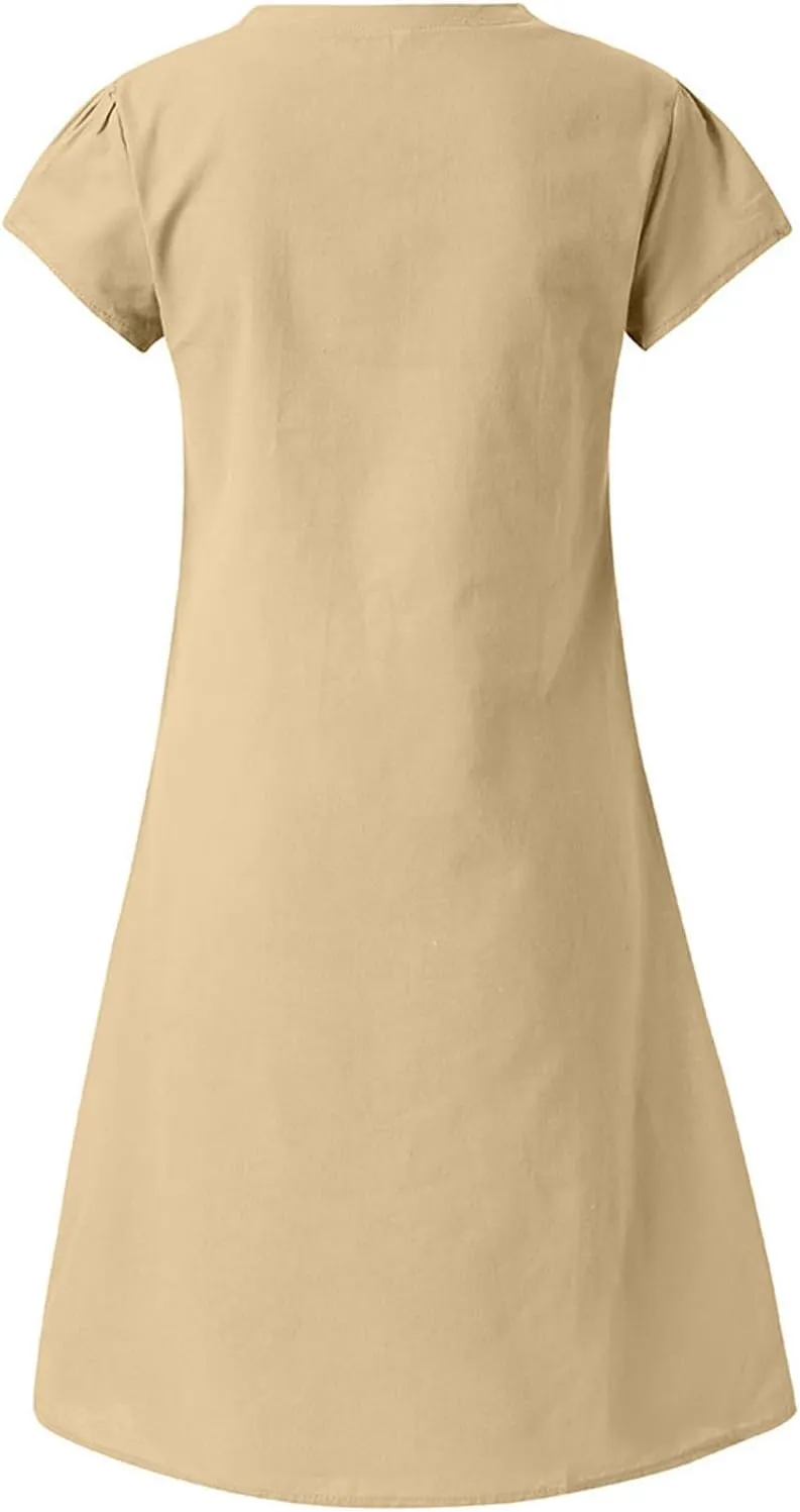 jsaierl Summer Dresses for Women Plus Size Cotton Linen Midi Dress Casual V Neck Short Sleeve Sundress Beach Dress