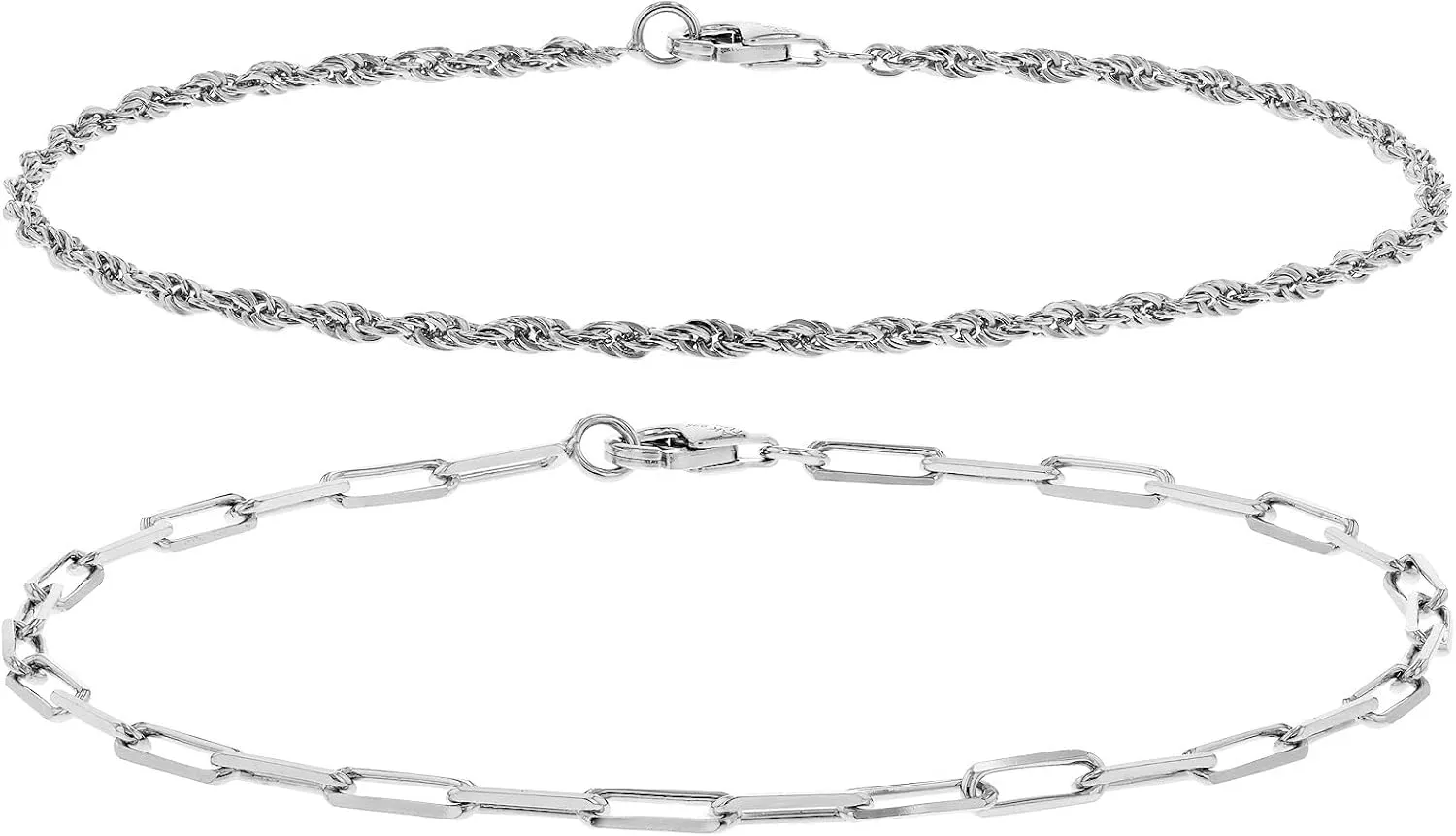 JTV Sterling Silver Paperclip Bracelet Set of 2 - Stackable Bracelets for Women- Wedding Bracelets for Women - Sterling Silver Bracelet Stack - 2mm Rope & 2.5mm Paper Clip Chain Bracelet