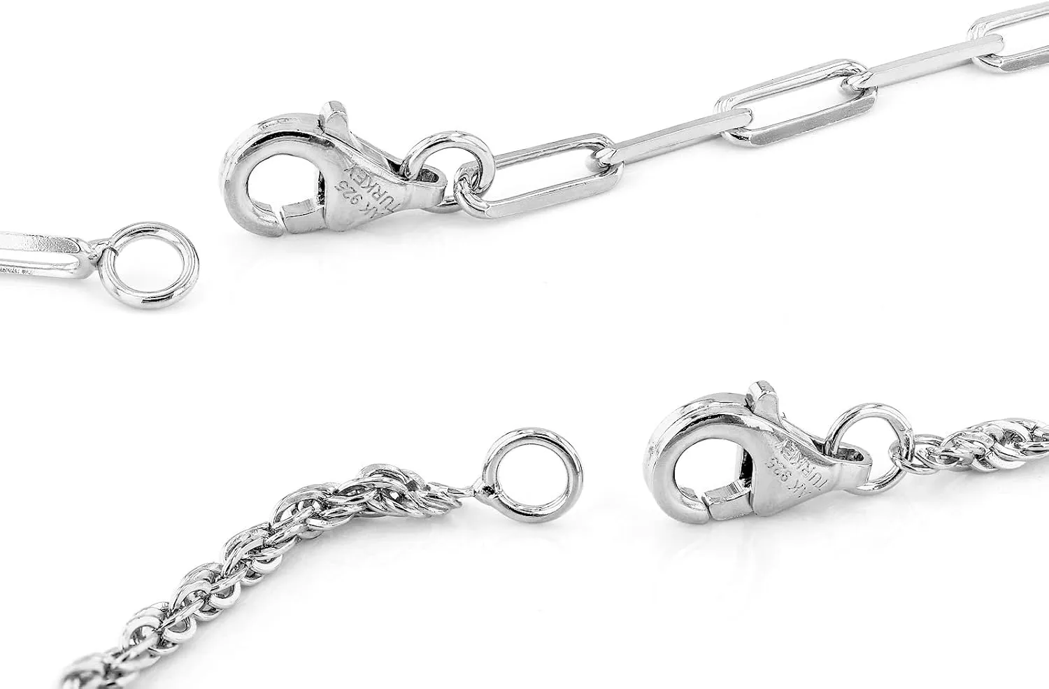 JTV Sterling Silver Paperclip Bracelet Set of 2 - Stackable Bracelets for Women- Wedding Bracelets for Women - Sterling Silver Bracelet Stack - 2mm Rope & 2.5mm Paper Clip Chain Bracelet