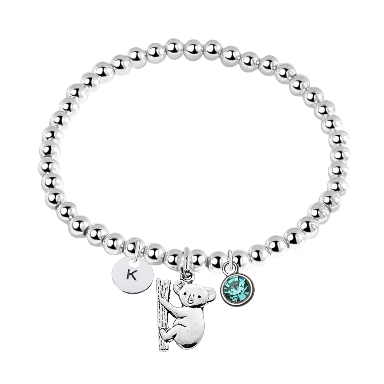 Koala Gift, Personalized Koala Beaded Bracelet with Initial Letter and Birthstone Charm, Koala Adjustable Jewelry, Custom Koala Lover Accessories