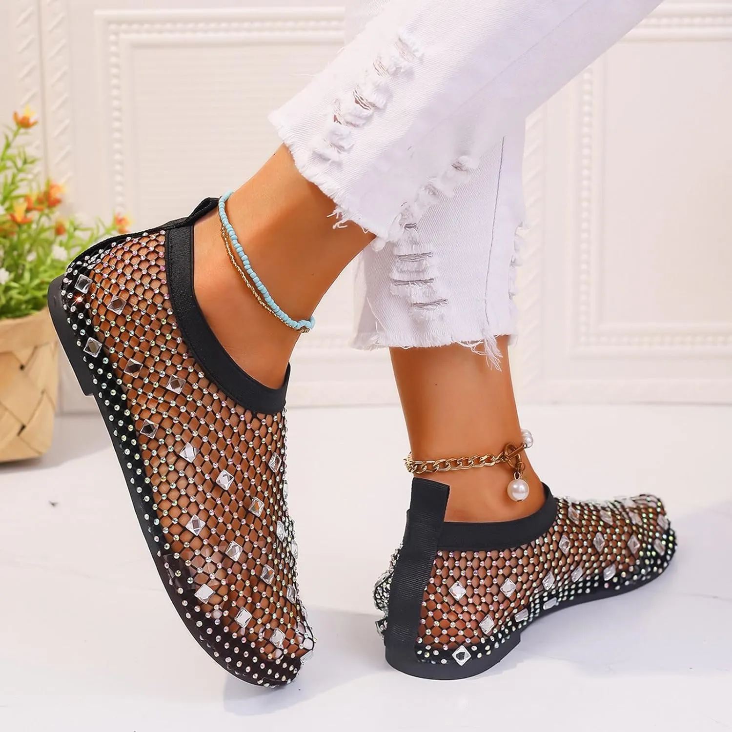 Ladies Breathable Hollow Mesh Breathable Rhinestone Decoration Flat Large Size Casual Womens Casual Shoes