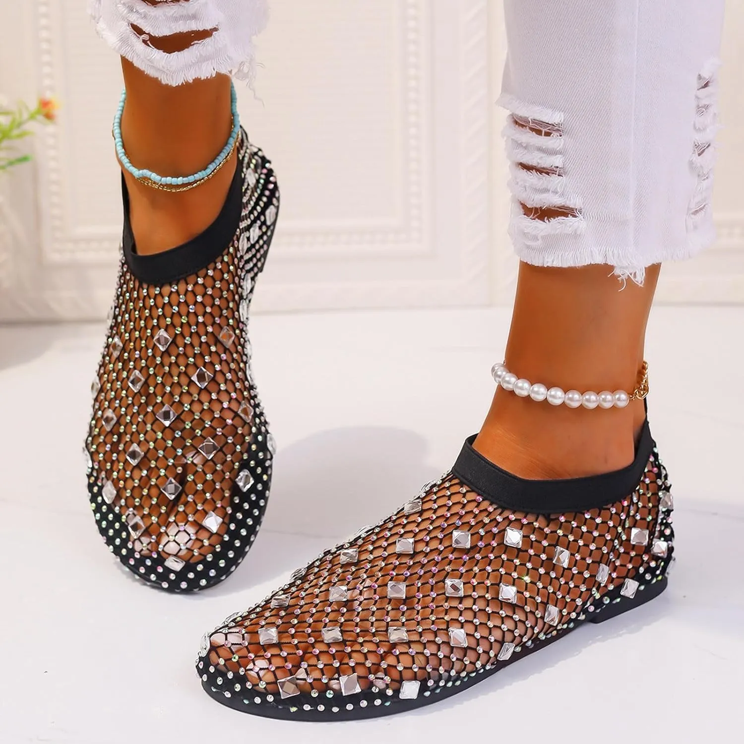 Ladies Breathable Hollow Mesh Breathable Rhinestone Decoration Flat Large Size Casual Womens Casual Shoes