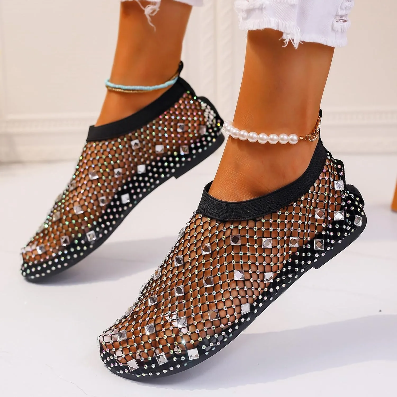 Ladies Breathable Hollow Mesh Breathable Rhinestone Decoration Flat Large Size Casual Womens Casual Shoes