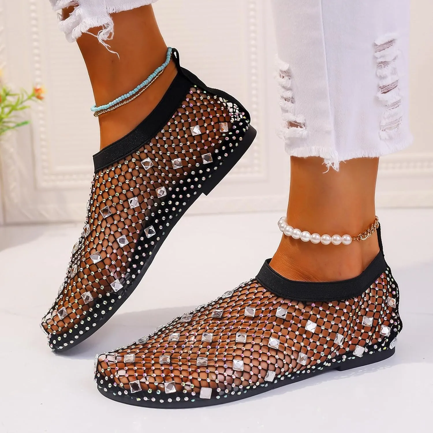 Ladies Breathable Hollow Mesh Breathable Rhinestone Decoration Flat Large Size Casual Womens Casual Shoes