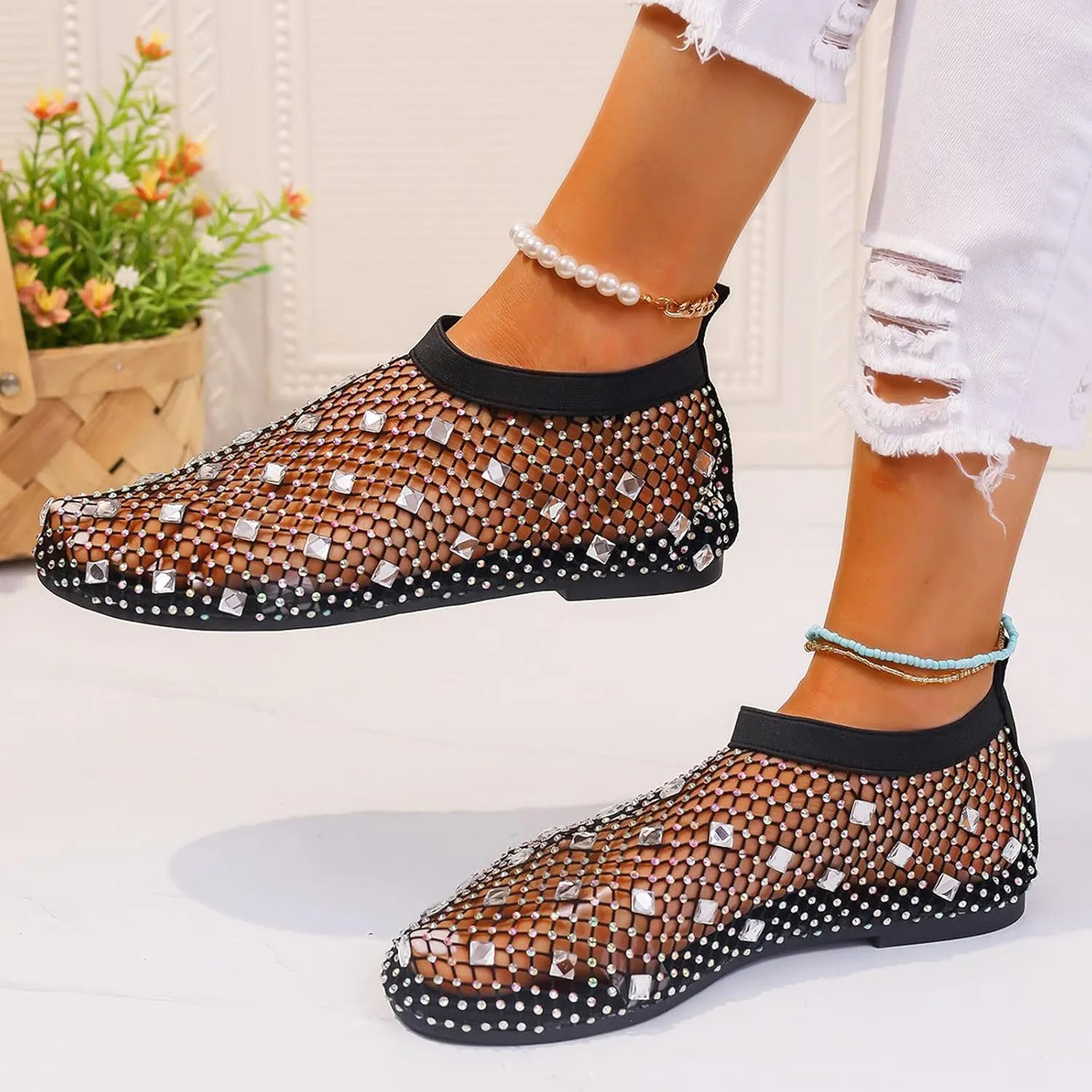 Ladies Breathable Hollow Mesh Breathable Rhinestone Decoration Flat Large Size Casual Womens Casual Shoes