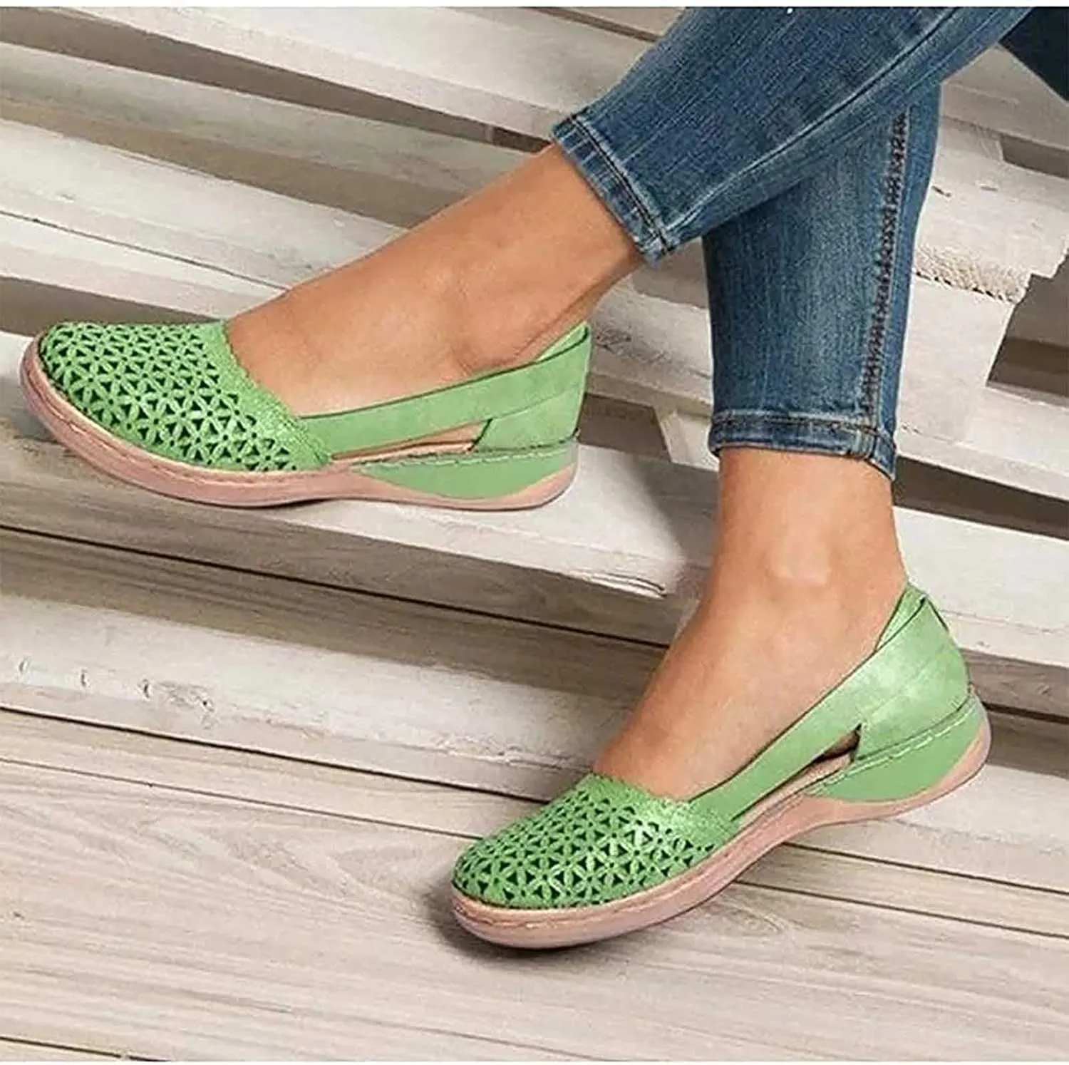 Ladies Faux Leather Closed Toe Hollow Sandals Shoes Soft Pu Leather Orthopedic Sandals Women Platform Wedge Sandals Comfy Sandals,Green,36