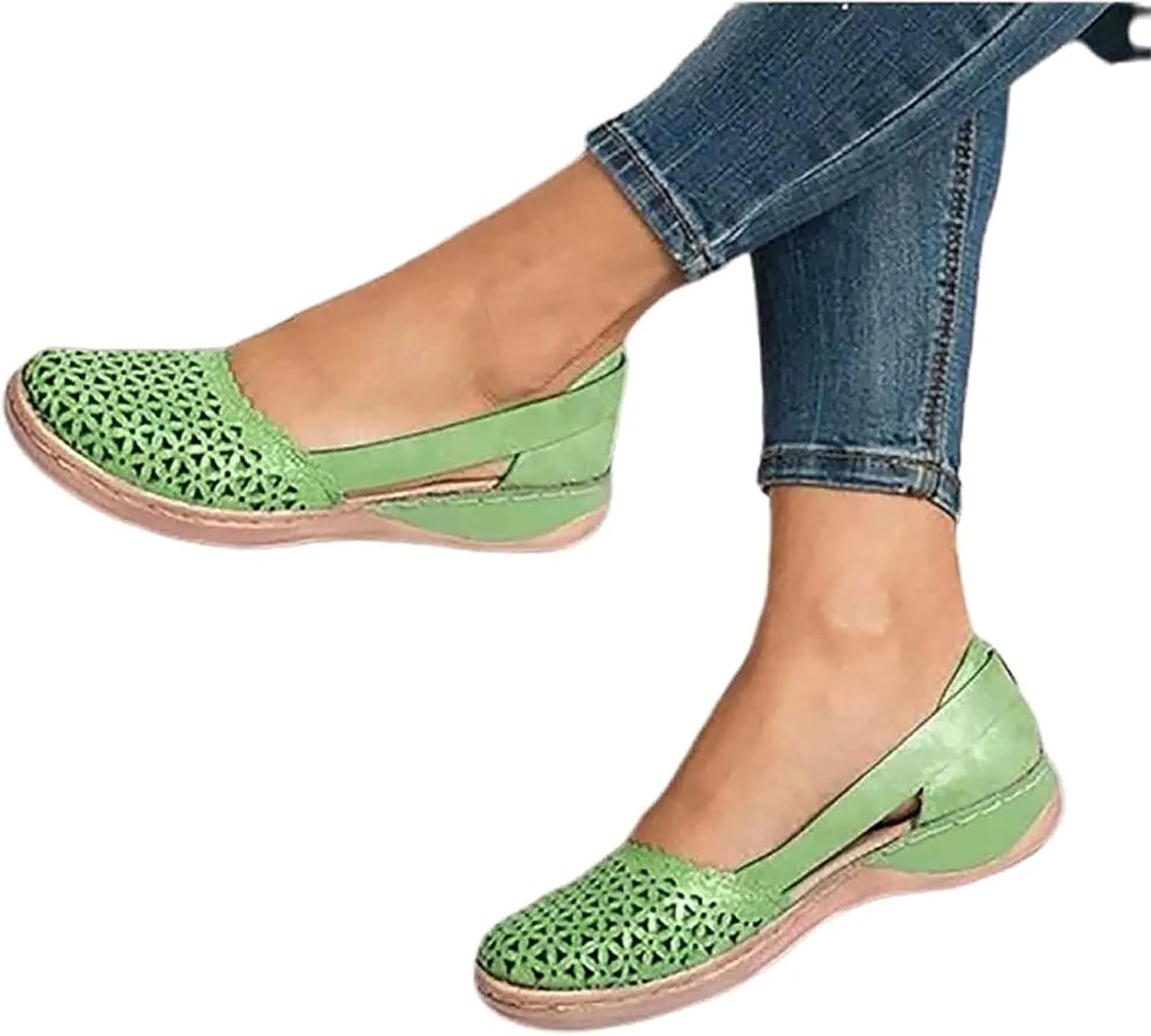 Ladies Faux Leather Closed Toe Hollow Sandals Shoes Soft Pu Leather Orthopedic Sandals Women Platform Wedge Sandals Comfy Sandals,Green,36
