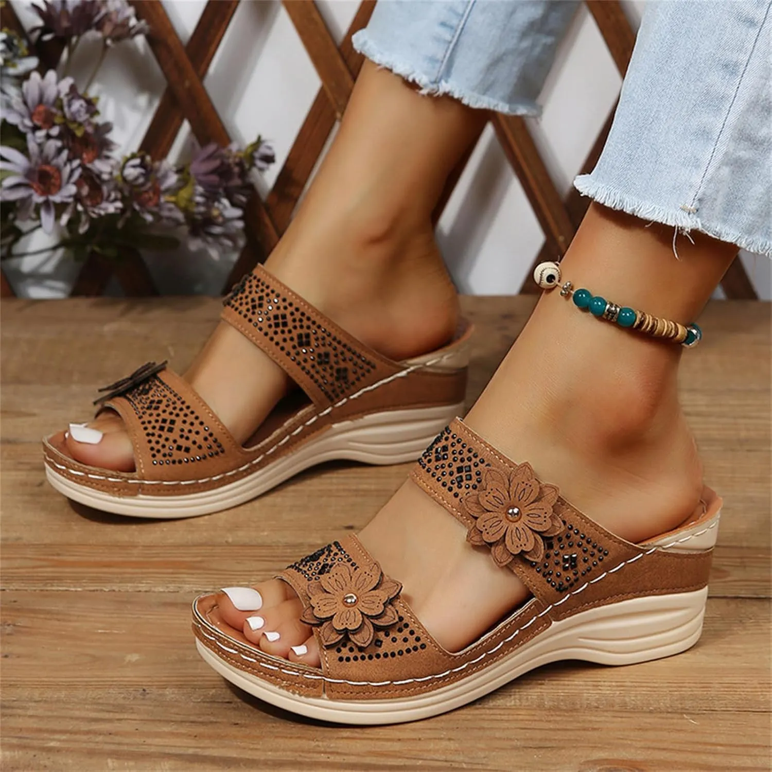 Ladmiple Sandals Women 2023 Fashion Flower Orthopedic Flip Flops Arch Support Wedge Slippers Casual Roman Slip On Sandal