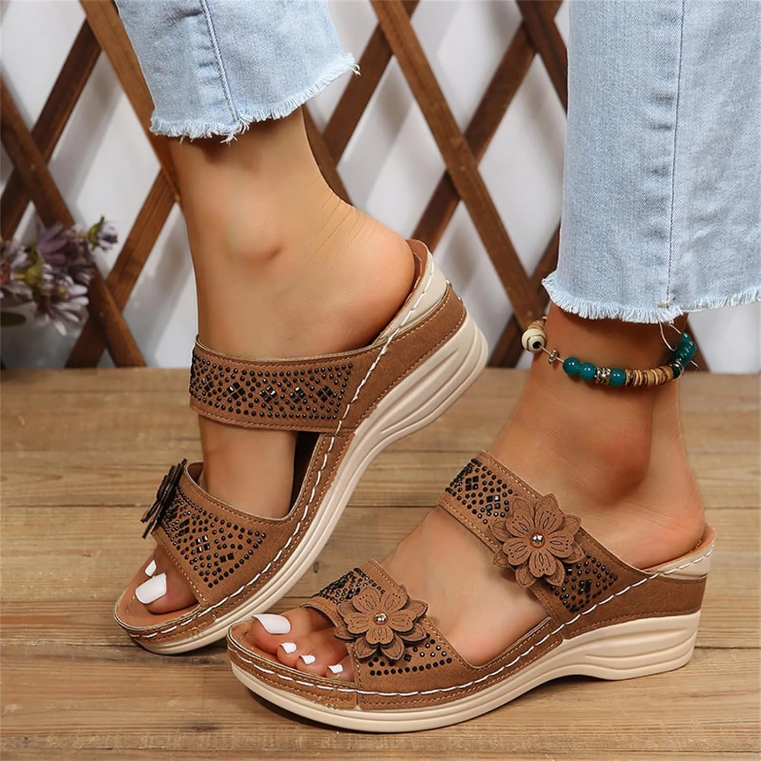 Ladmiple Sandals Women 2023 Fashion Flower Orthopedic Flip Flops Arch Support Wedge Slippers Casual Roman Slip On Sandal