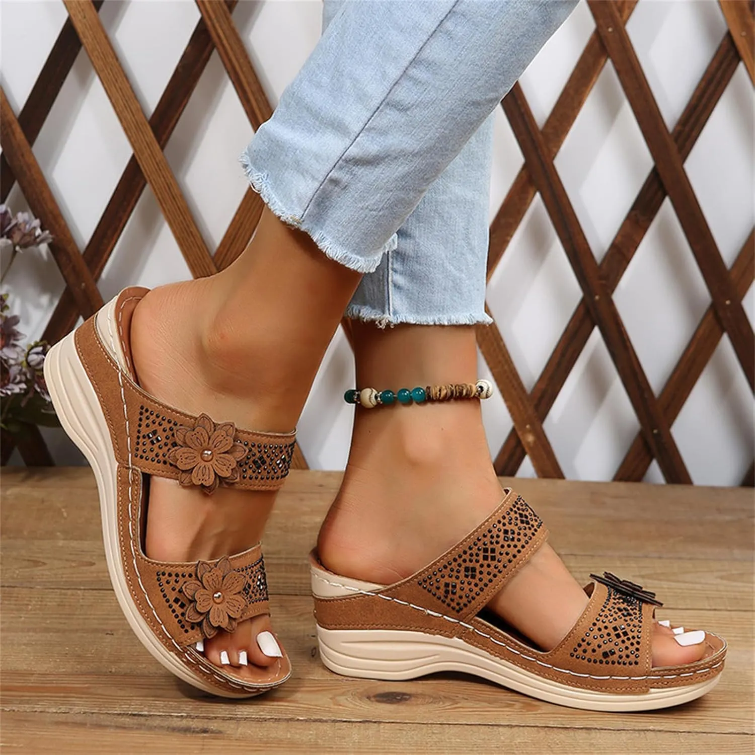 Ladmiple Sandals Women 2023 Fashion Flower Orthopedic Flip Flops Arch Support Wedge Slippers Casual Roman Slip On Sandal