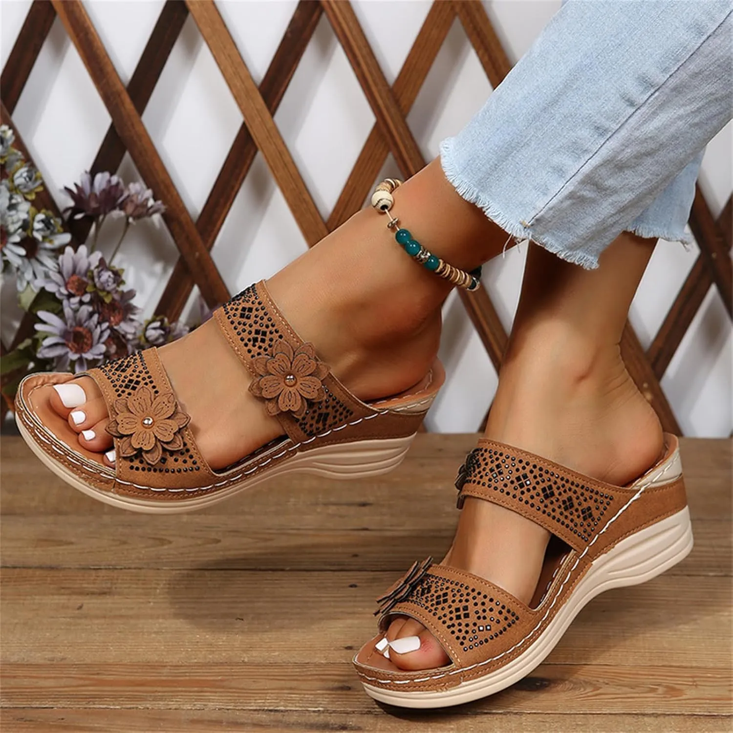 Ladmiple Sandals Women 2023 Fashion Flower Orthopedic Flip Flops Arch Support Wedge Slippers Casual Roman Slip On Sandal