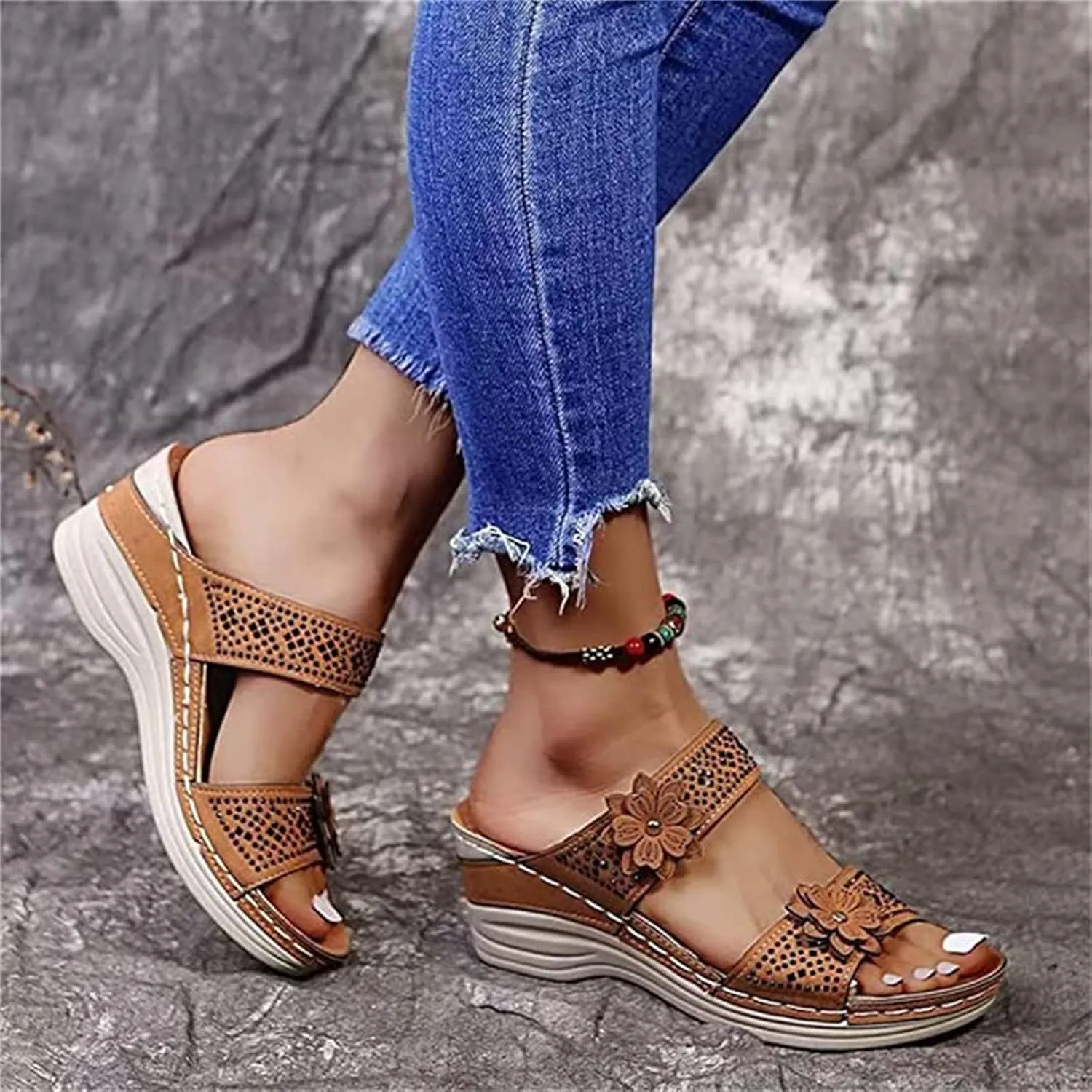 Ladmiple Sandals Women 2023 Fashion Flower Orthopedic Flip Flops Arch Support Wedge Slippers Casual Roman Slip On Sandal