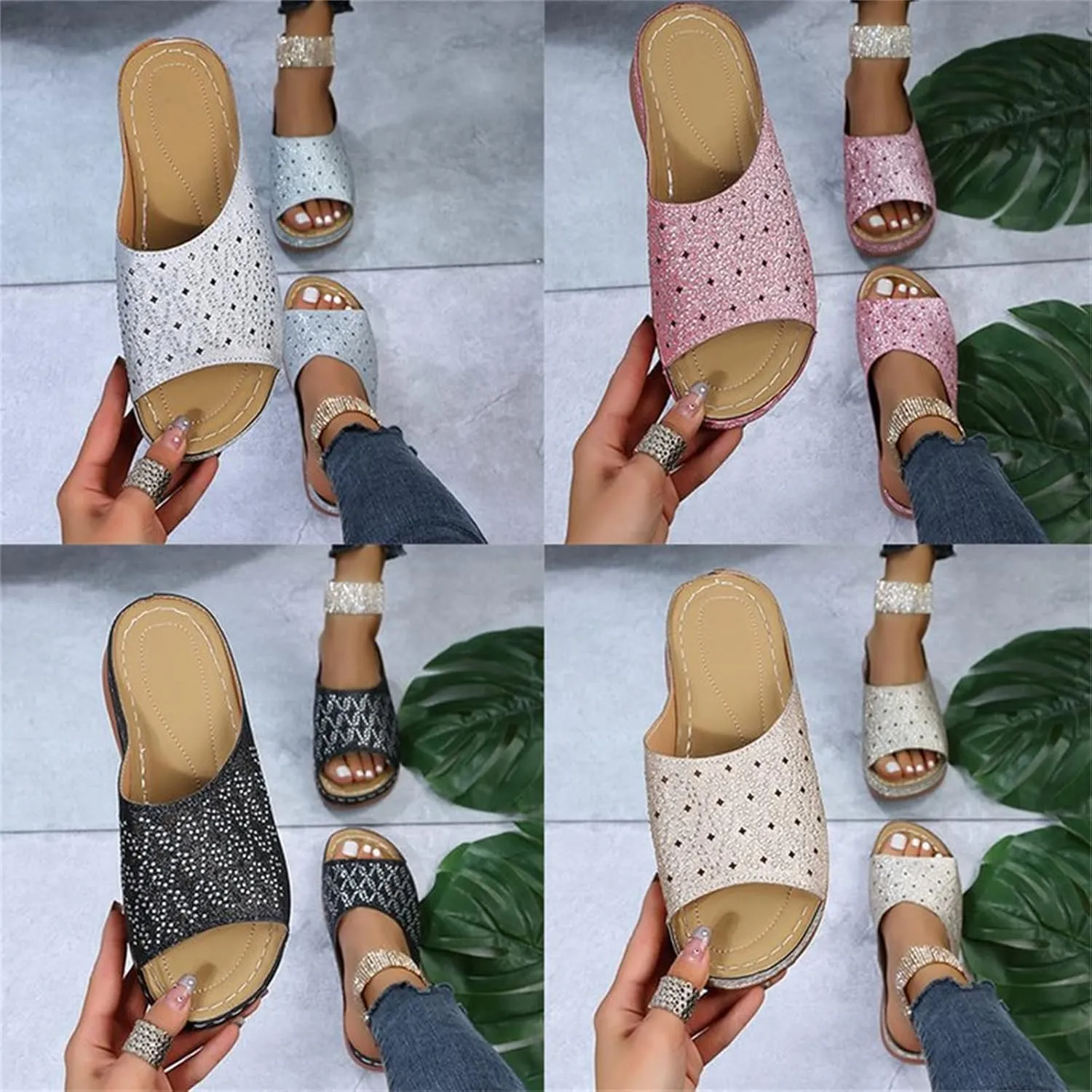 Ladmiple Womens Casual Summer Fashion Sparkly Orthopedic Platform Flip Flops Arch Support Roman Open Toe Slipper Shoes