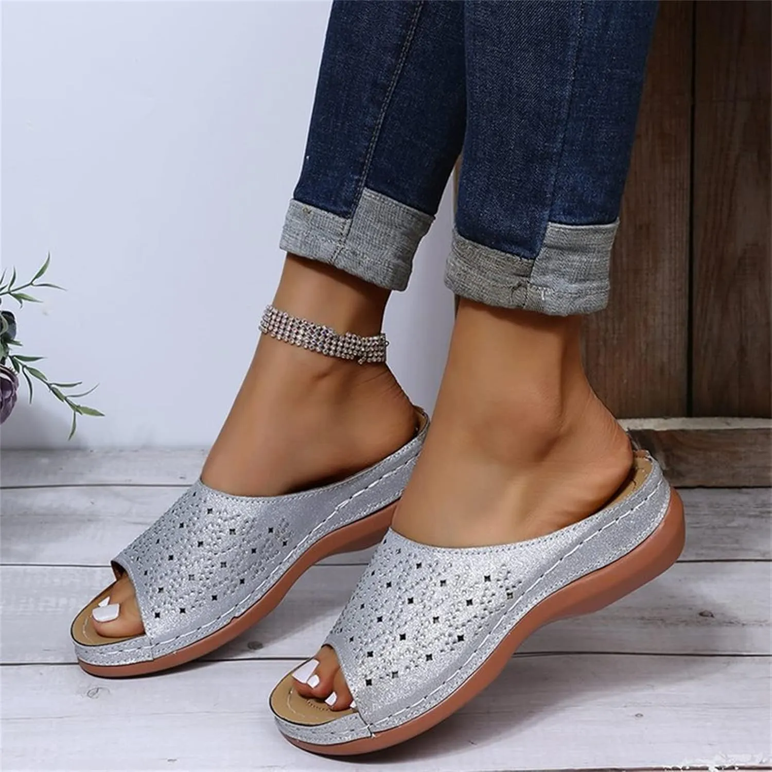 Ladmiple Womens Casual Summer Fashion Sparkly Orthopedic Platform Flip Flops Arch Support Roman Open Toe Slipper Shoes