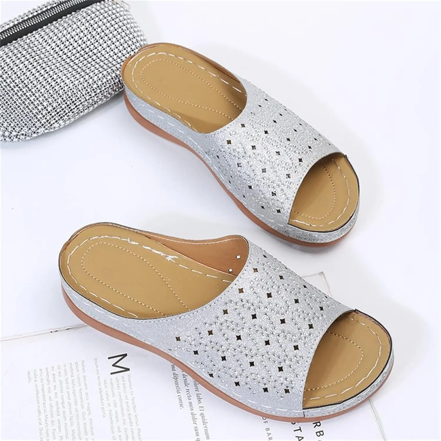 Ladmiple Womens Casual Summer Fashion Sparkly Orthopedic Platform Flip Flops Arch Support Roman Open Toe Slipper Shoes