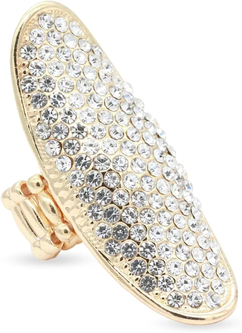 Lavencious Gold Plated with AB Stone Long Shield Stretch Statement Cocktail Ring for Women fit for Size 9 to 12