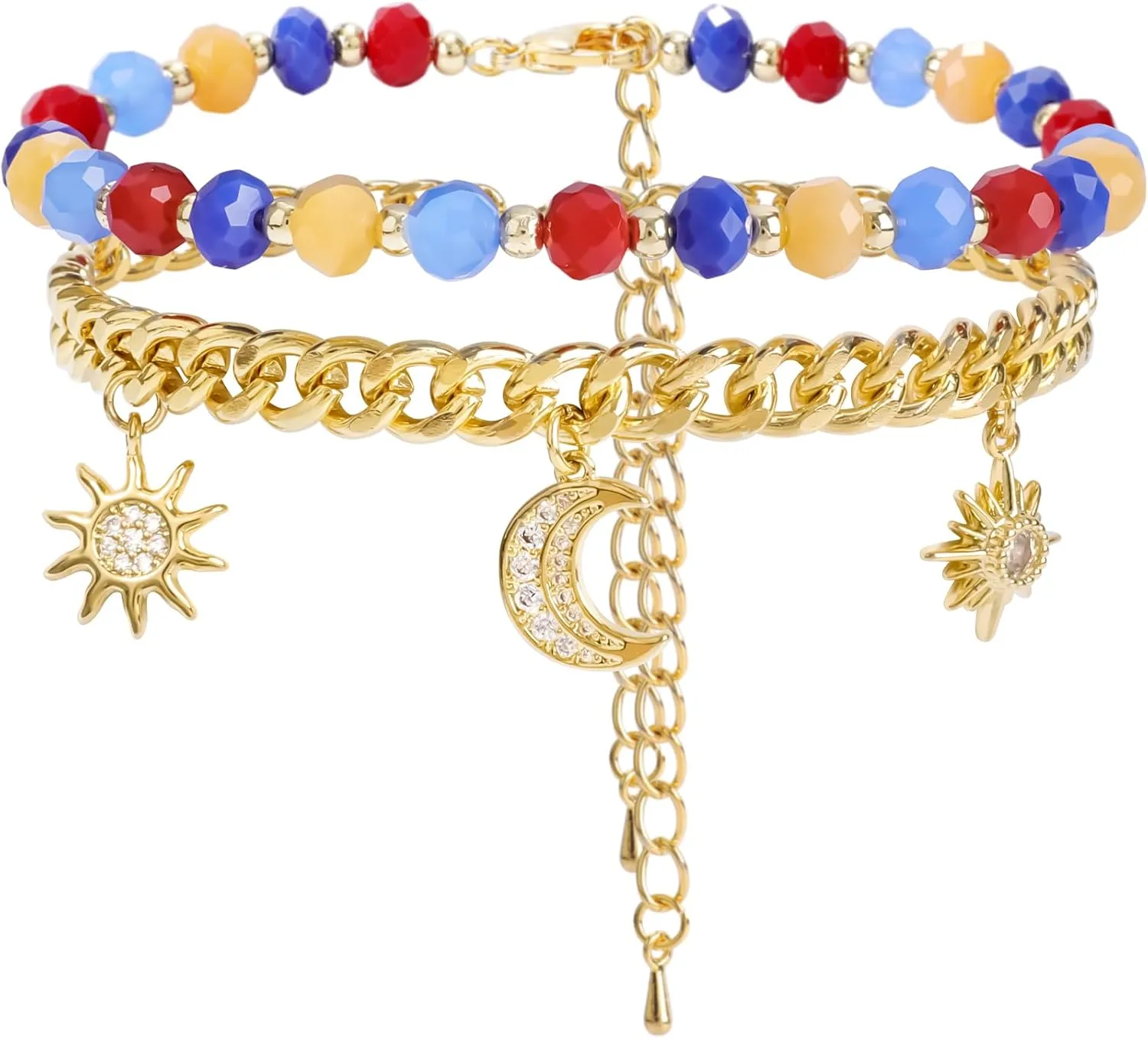 Layered Gold Sun Moon Star Charm Link Bracelets for Women with Colorful Beads Chain 14K Gold Plated Pendant Bracelets with Faceted Glass Beads Adjustable Bracelets Set Trendy Jewelry Gift for Women