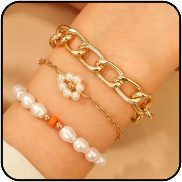 Layered Pearls Flower Bracelets Set for Women Boho Stackable Gold Cuban Link Chain Bangles Adjustable Beaded Bracelets Jewelry Gifts