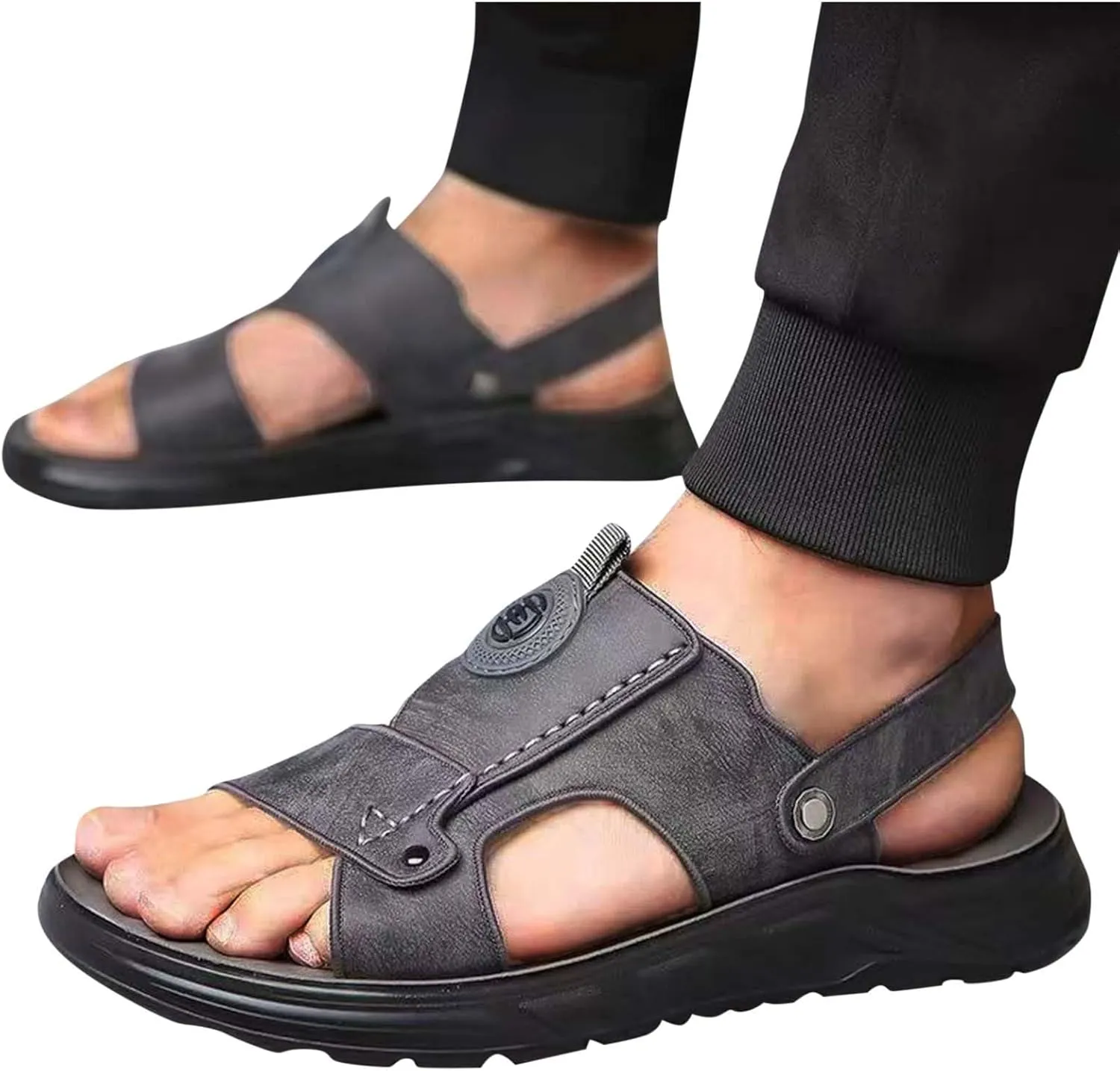 Leather Slides for Men Fashion Outdoor Walking Arch Support Sandals Casual Open-Toe Slip-On Sandal Summer Beach Slippers Footwear