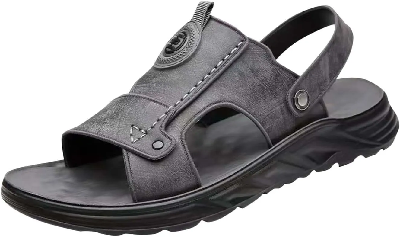 Leather Slides for Men Fashion Outdoor Walking Arch Support Sandals Casual Open-Toe Slip-On Sandal Summer Beach Slippers Footwear