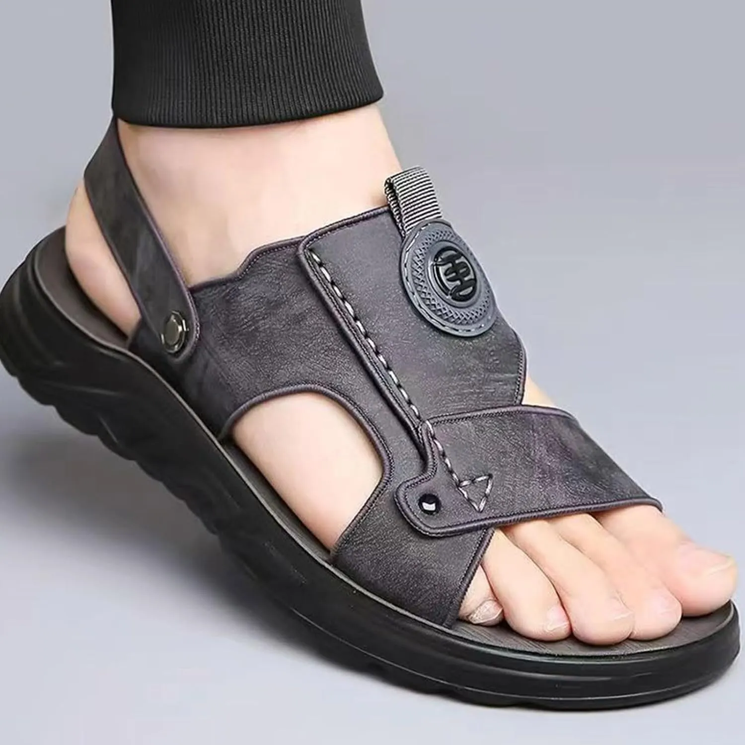 Leather Slides for Men Fashion Outdoor Walking Arch Support Sandals Casual Open-Toe Slip-On Sandal Summer Beach Slippers Footwear