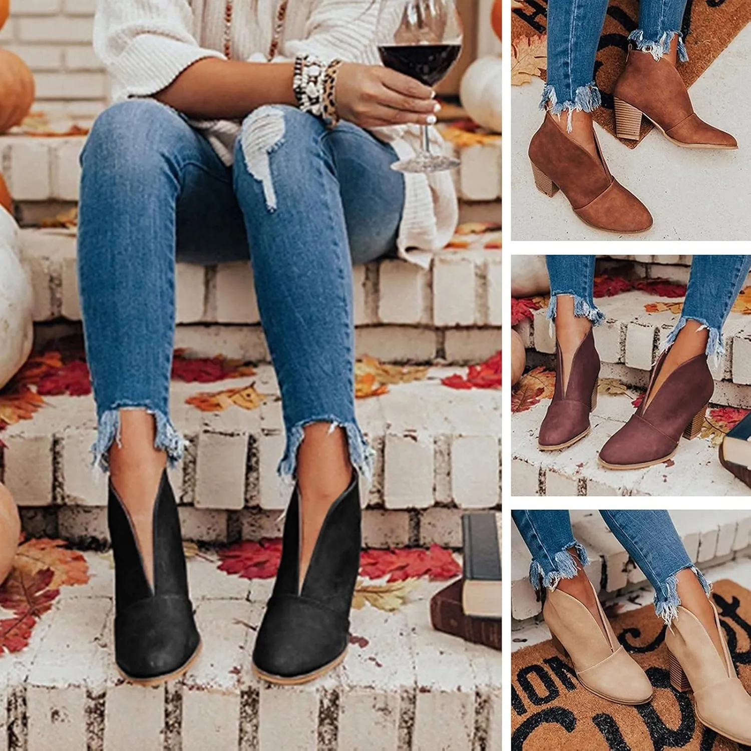 Leather Women Ankle Boots Dressy Boots Short Boots Women Leather Stacked Chunky Heels Women's Fahsion Boots Western