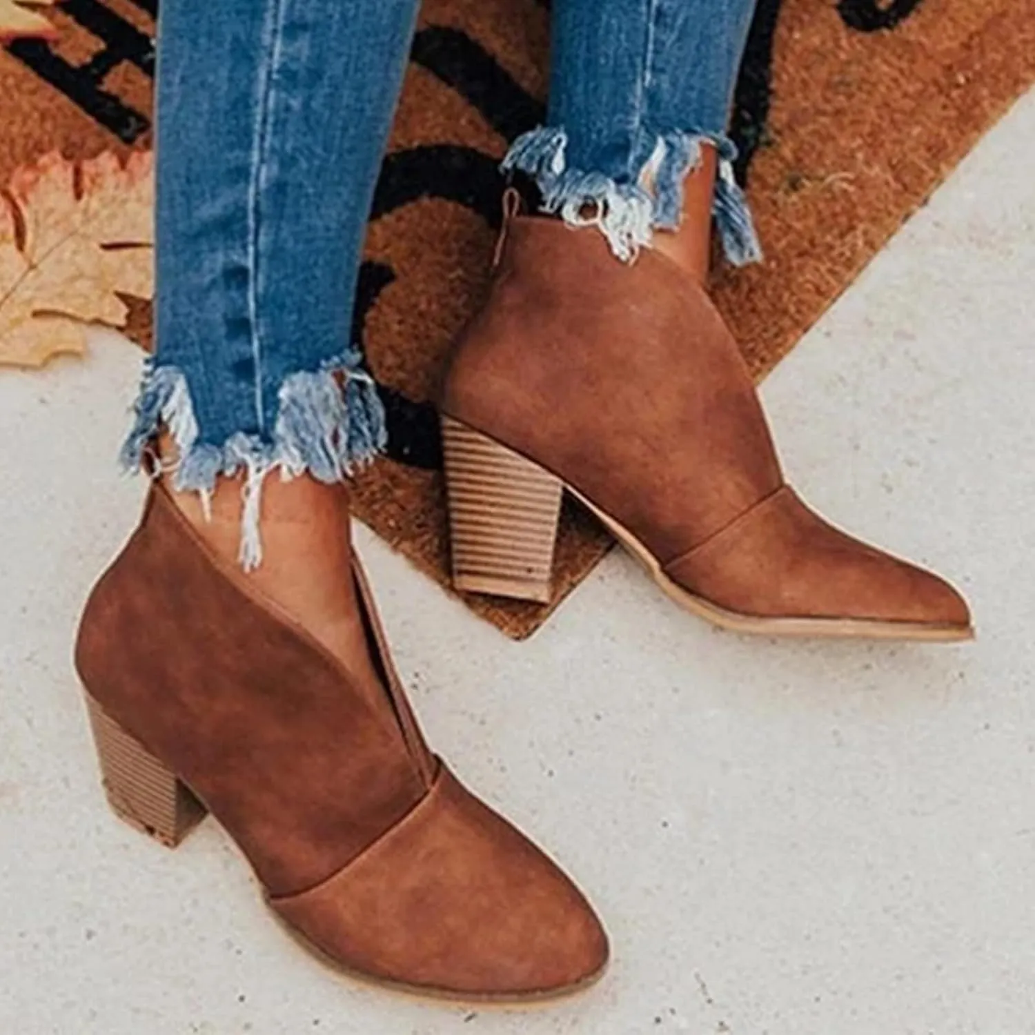 Leather Women Ankle Boots Dressy Boots Short Boots Women Leather Stacked Chunky Heels Women's Fahsion Boots Western