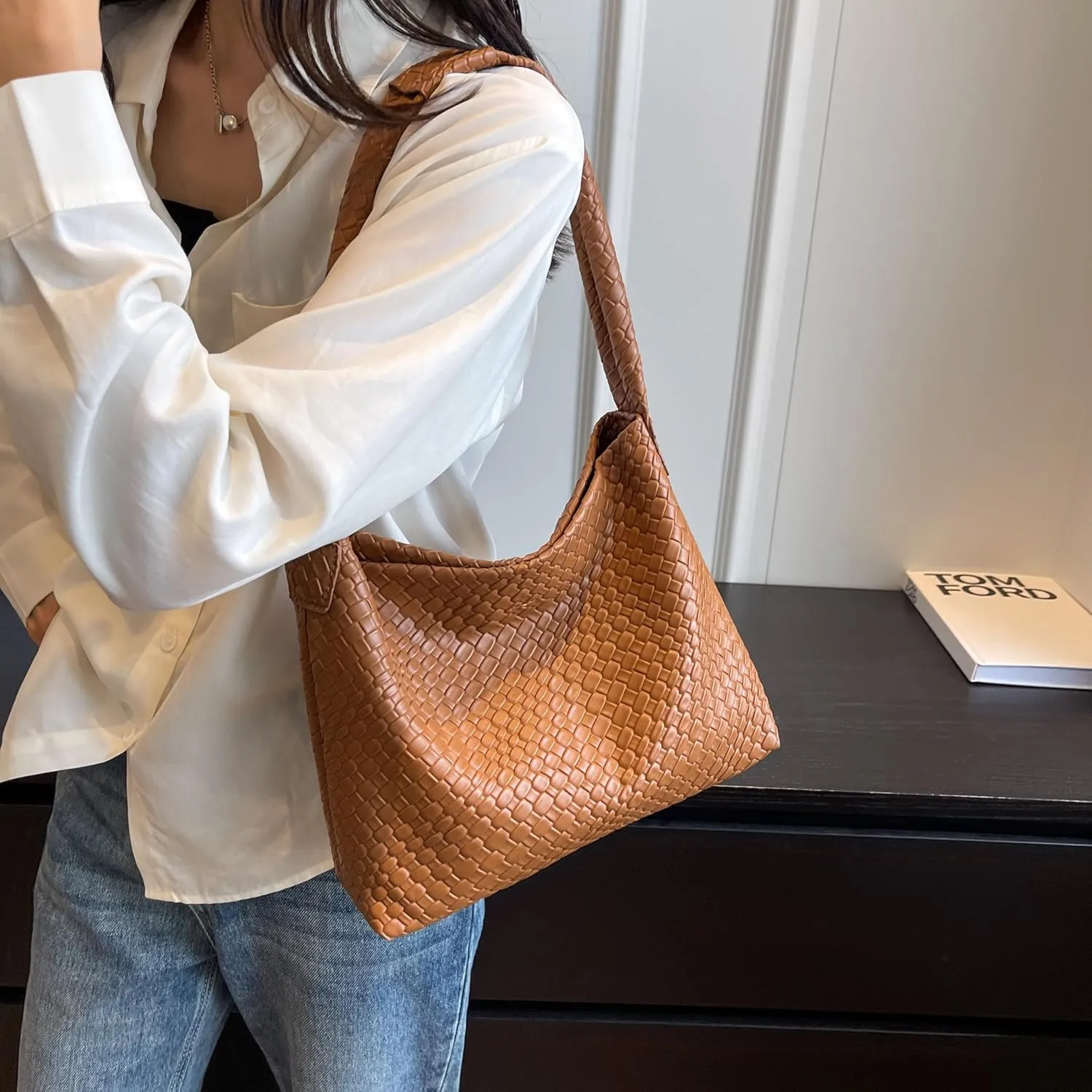 Leather Woven Hobo Slouchy Bag for Women - Soft Vegan Shoulder Top-Handled Tote Purse