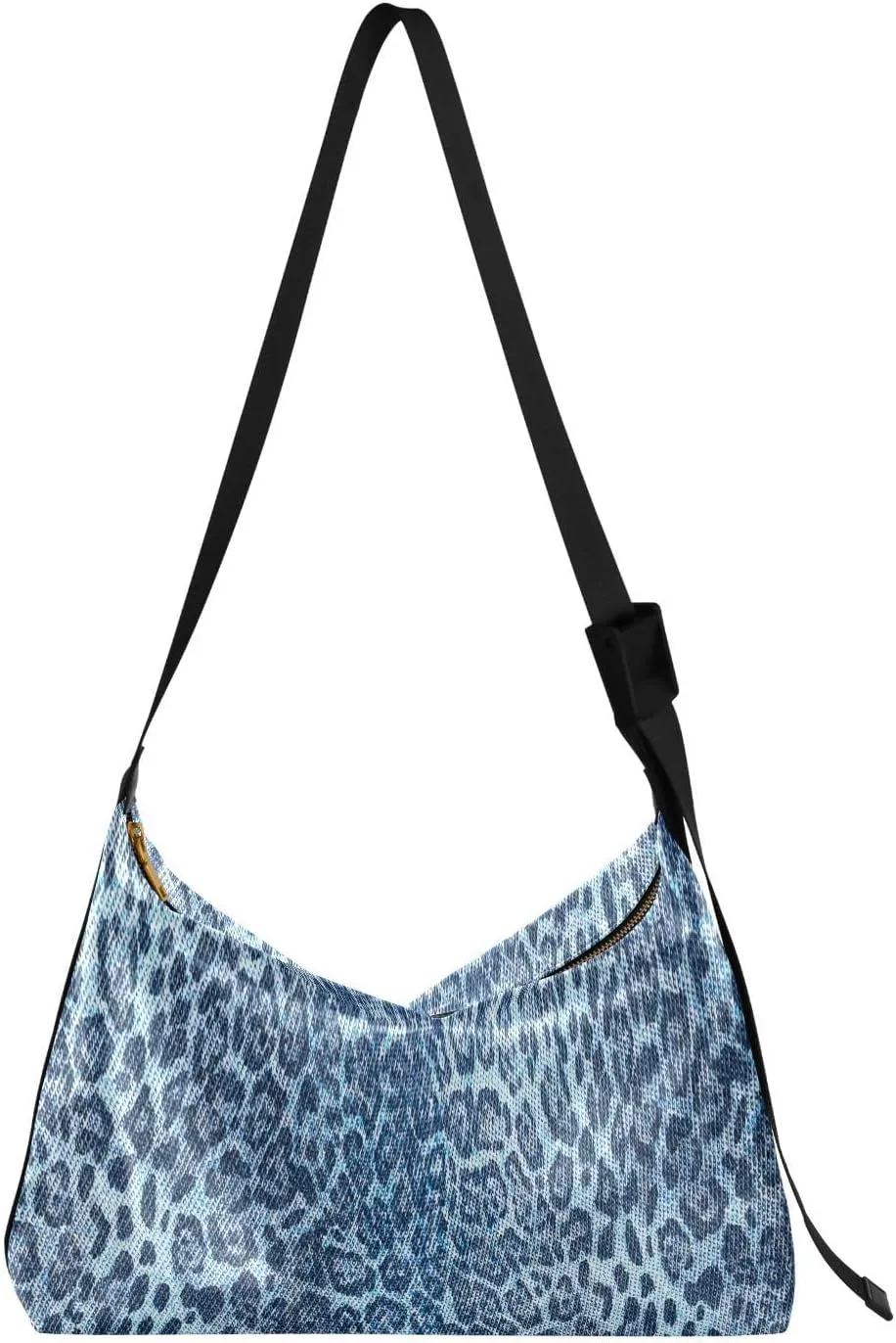 Leopard Jeans Blue Hobo Crossbody Bags for Women Leather Large Shoulder Bag Cross Body Fashion Cool Retro Trendy Womens Tote Bags Handbag for Travel Shopping