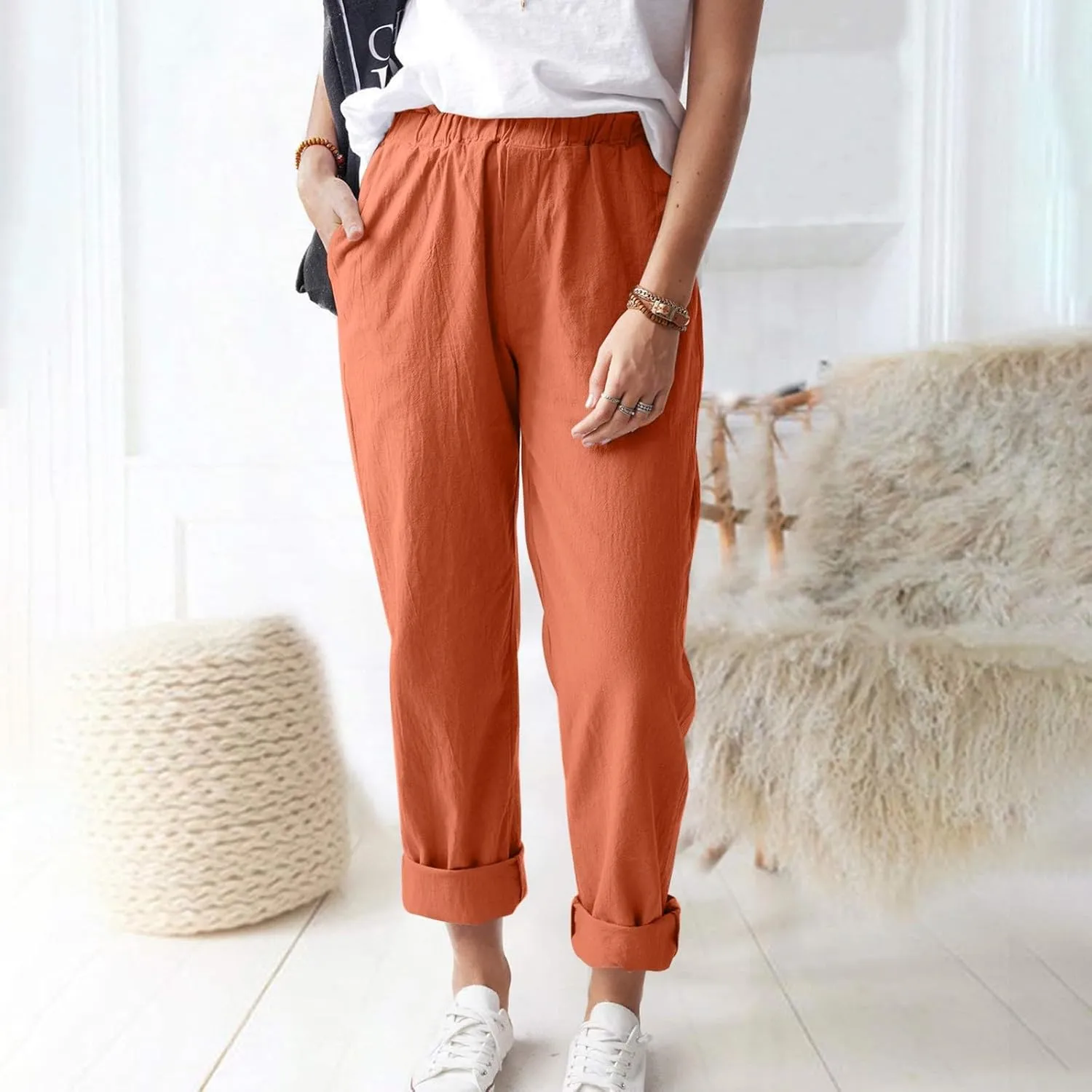 Linen Casual Summer Capri Pants Cropped Comfy Baggy Trousers with Pockets Palazzo Lounge Cropped Tapered Leg Pant