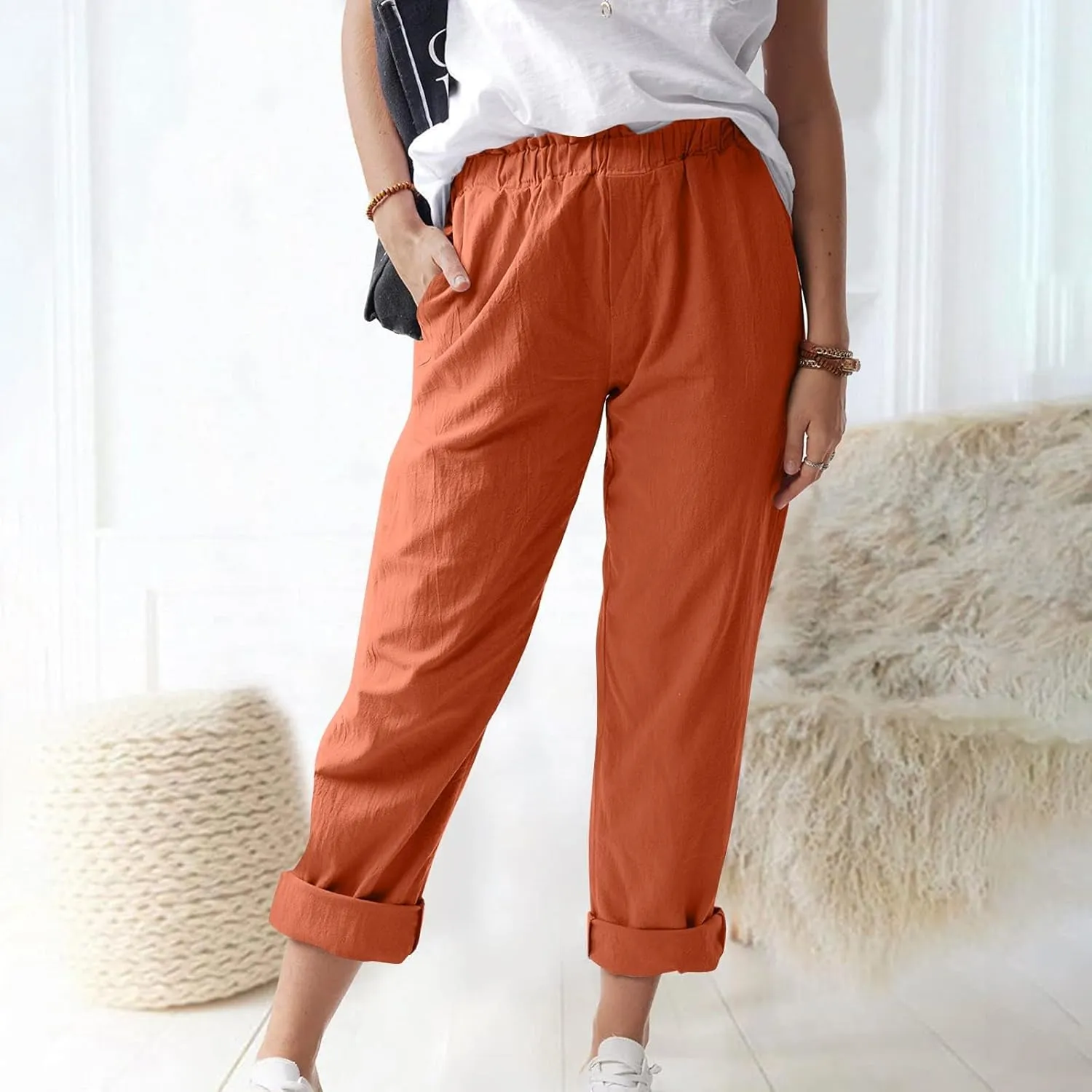 Linen Casual Summer Capri Pants Cropped Comfy Baggy Trousers with Pockets Palazzo Lounge Cropped Tapered Leg Pant