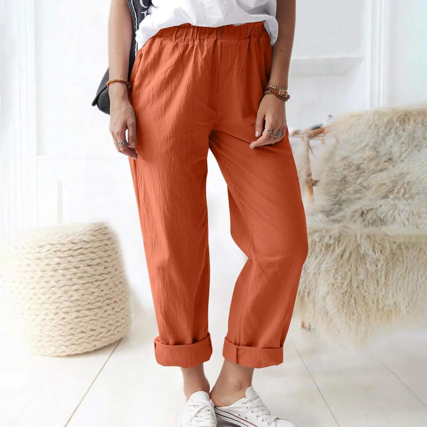 Linen Casual Summer Capri Pants Cropped Comfy Baggy Trousers with Pockets Palazzo Lounge Cropped Tapered Leg Pant