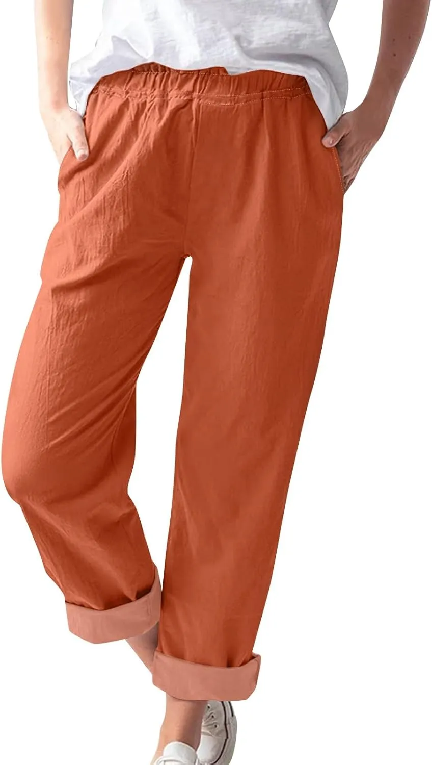 Linen Casual Summer Capri Pants Cropped Comfy Baggy Trousers with Pockets Palazzo Lounge Cropped Tapered Leg Pant