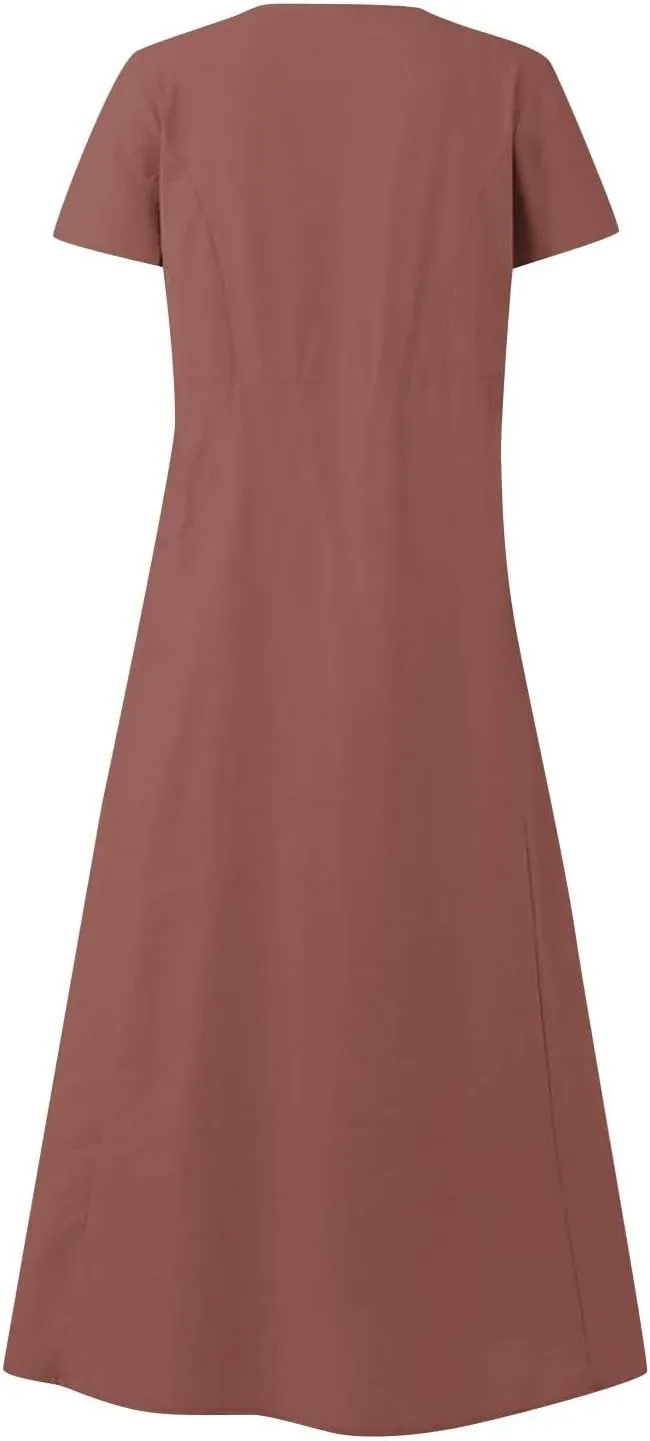 Linen Dress Women Long Short Sleeve Button Solid Cotton Flowy Dresses Plus Size Loose Comfy Maxi Dress with Pockets