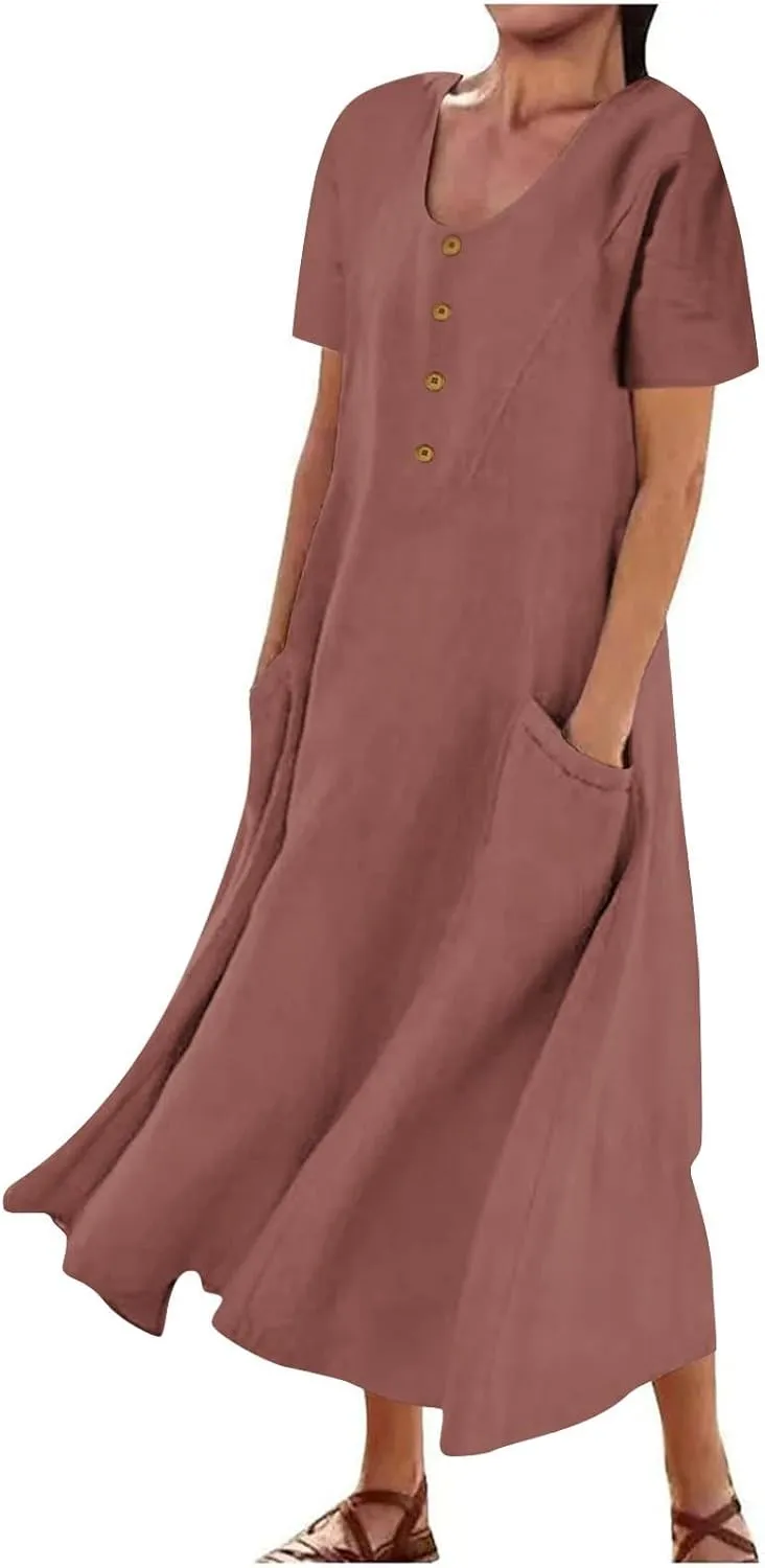 Linen Dress Women Long Short Sleeve Button Solid Cotton Flowy Dresses Plus Size Loose Comfy Maxi Dress with Pockets