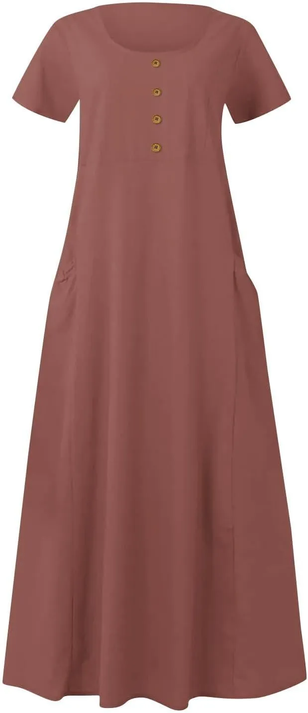 Linen Dress Women Long Short Sleeve Button Solid Cotton Flowy Dresses Plus Size Loose Comfy Maxi Dress with Pockets