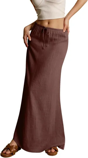 Linen Maxi Skirts for Women Trendy Summer Comfy Drawstring Waist A Line Skirts Cute Vacation Boho Long Flowy Skirts