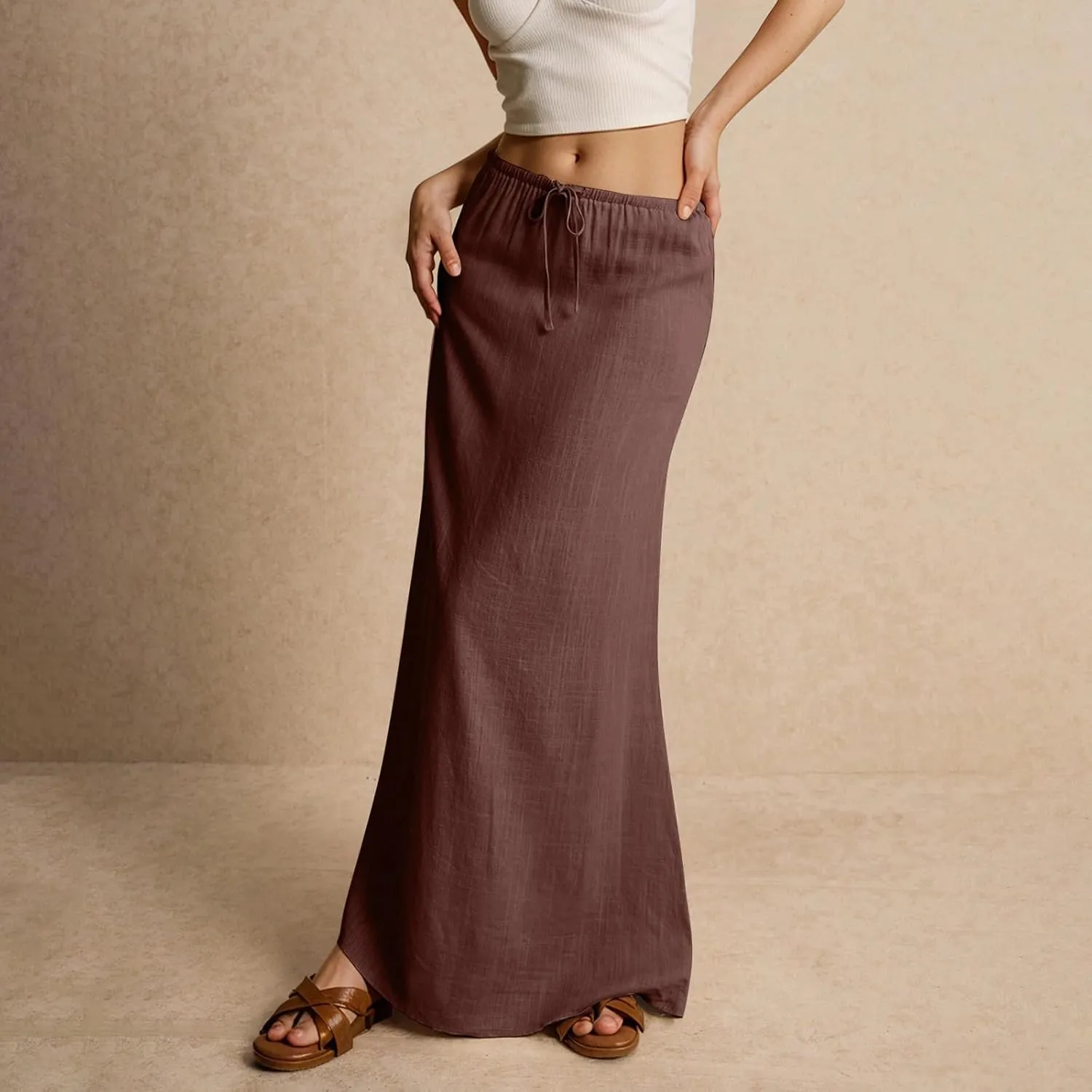 Linen Maxi Skirts for Women Trendy Summer Comfy Drawstring Waist A Line Skirts Cute Vacation Boho Long Flowy Skirts