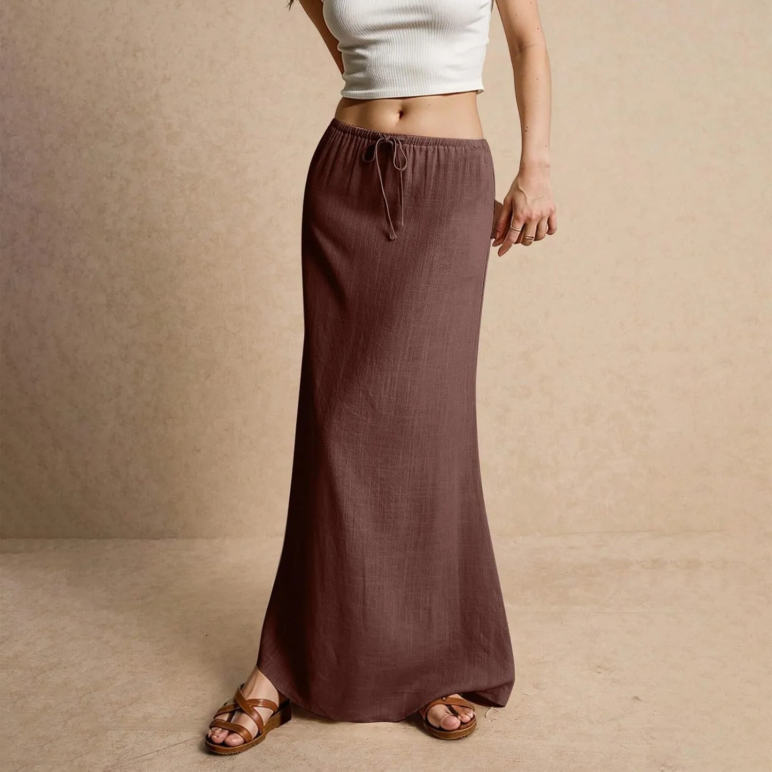 Linen Maxi Skirts for Women Trendy Summer Comfy Drawstring Waist A Line Skirts Cute Vacation Boho Long Flowy Skirts