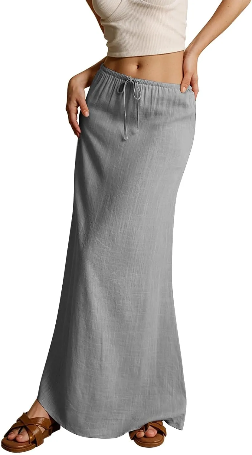Linen Maxi Skirts for Women Trendy Summer Comfy Drawstring Waist A Line Skirts Cute Vacation Boho Long Flowy Skirts