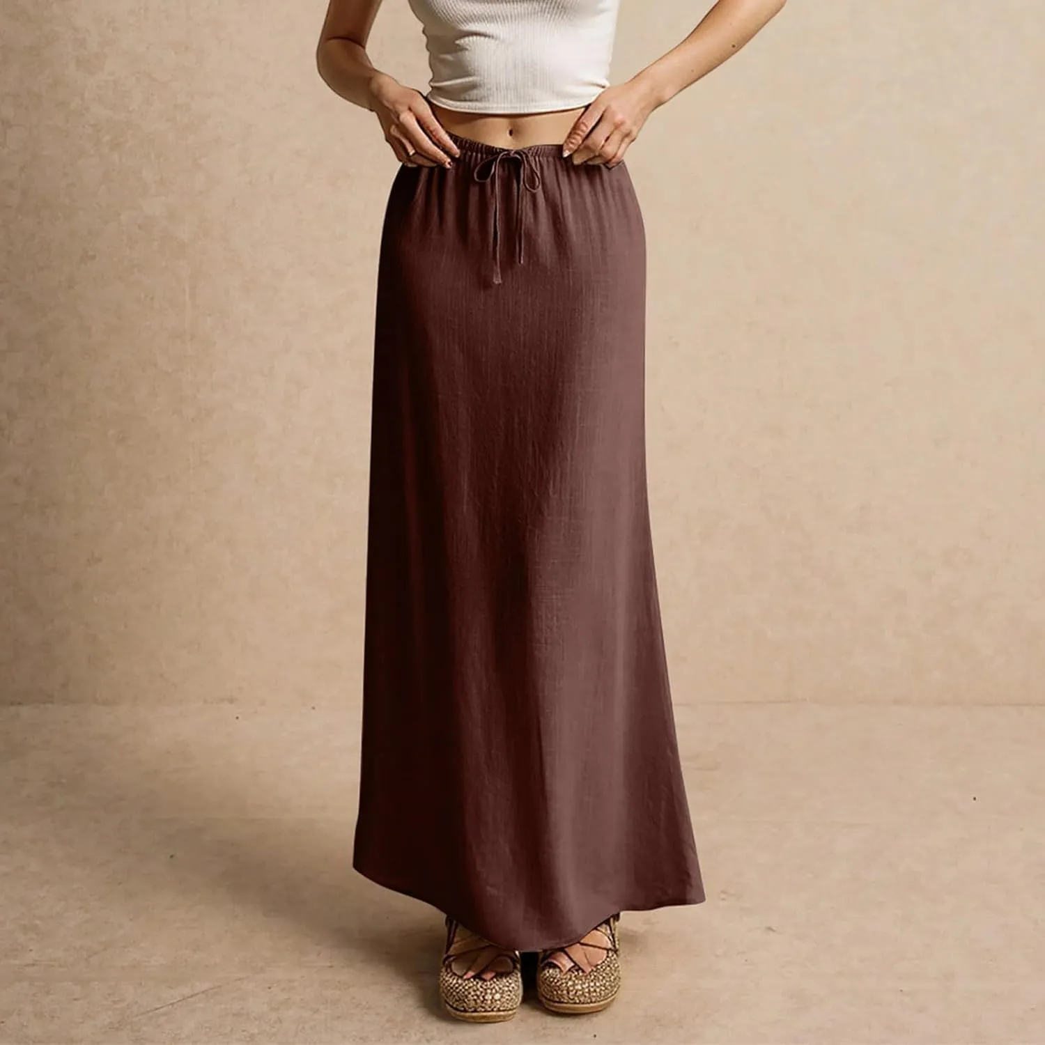 Linen Maxi Skirts for Women Trendy Summer Comfy Drawstring Waist A Line Skirts Cute Vacation Boho Long Flowy Skirts