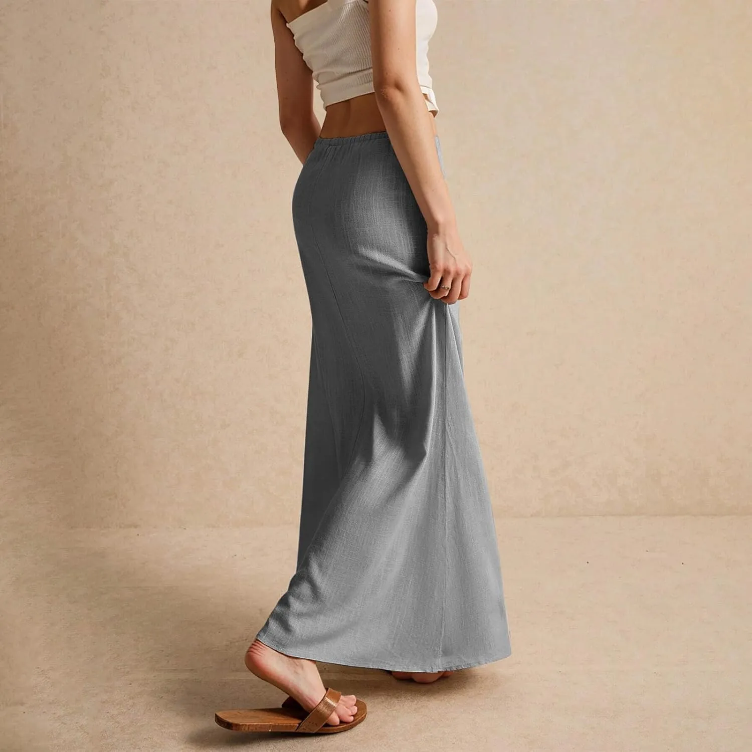 Linen Maxi Skirts for Women Trendy Summer Comfy Drawstring Waist A Line Skirts Cute Vacation Boho Long Flowy Skirts
