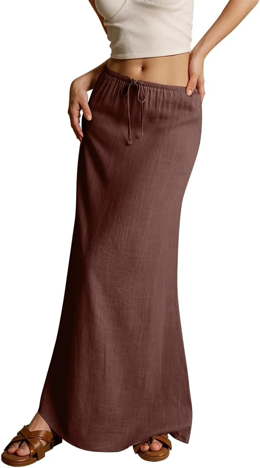 Linen Maxi Skirts for Women Trendy Summer Comfy Drawstring Waist A Line Skirts Cute Vacation Boho Long Flowy Skirts