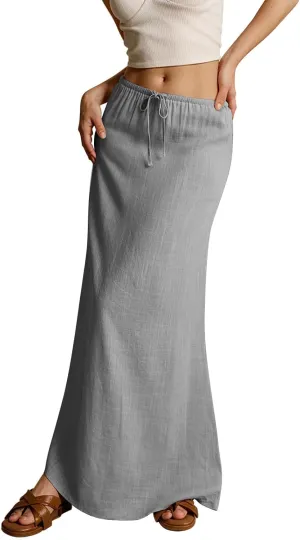 Linen Maxi Skirts for Women Trendy Summer Comfy Drawstring Waist A Line Skirts Cute Vacation Boho Long Flowy Skirts